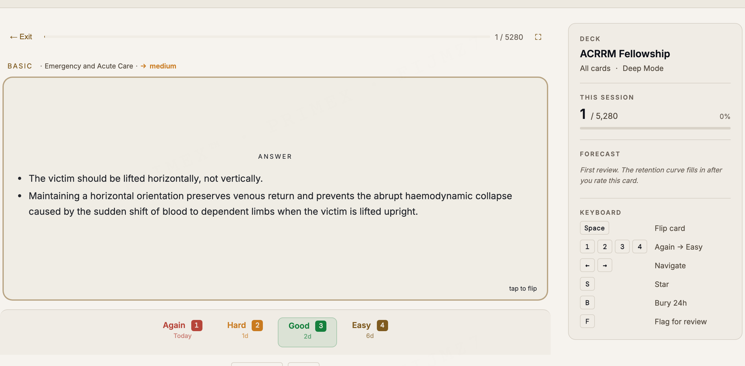 ACRRM flashcards: a revealed spaced-repetition card with Again, Hard, Good and Easy grading