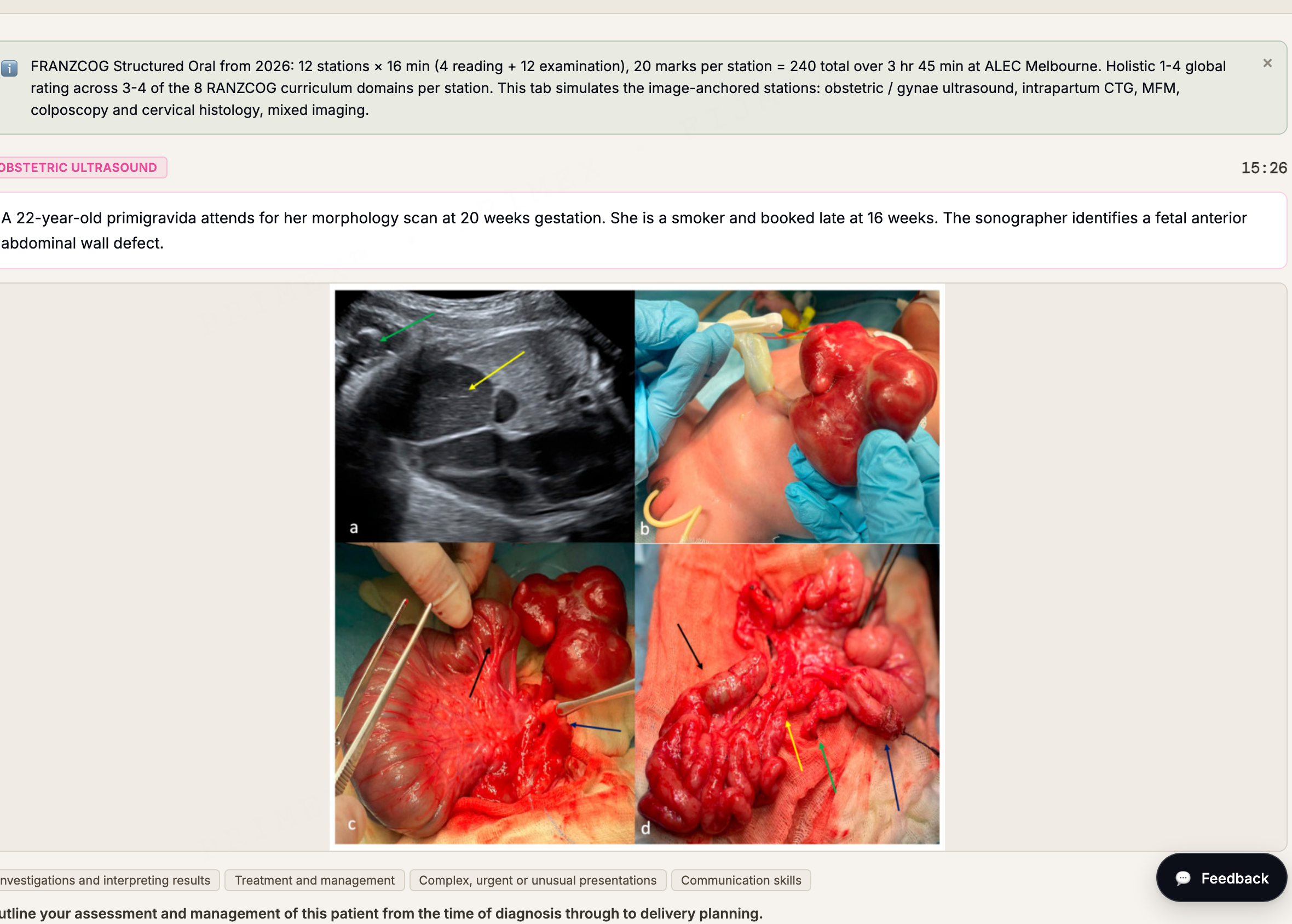 FRANZCOG image-anchored station: a real obstetric ultrasound case with a structured-response box