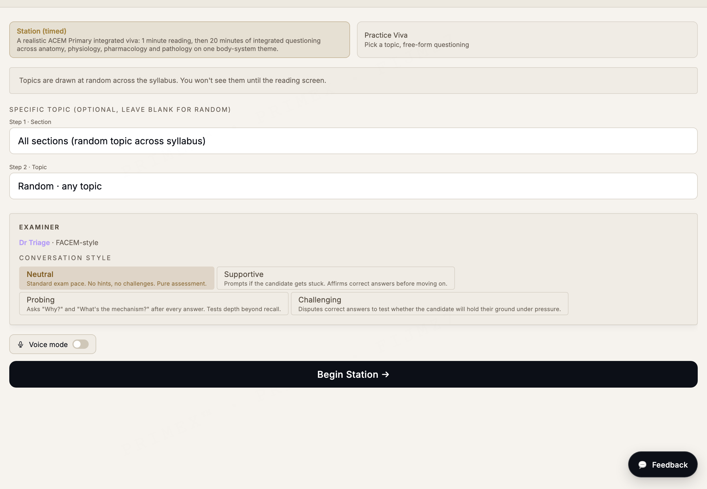 ACEM Primary viva simulator: station setup with selectable examiner conversation styles