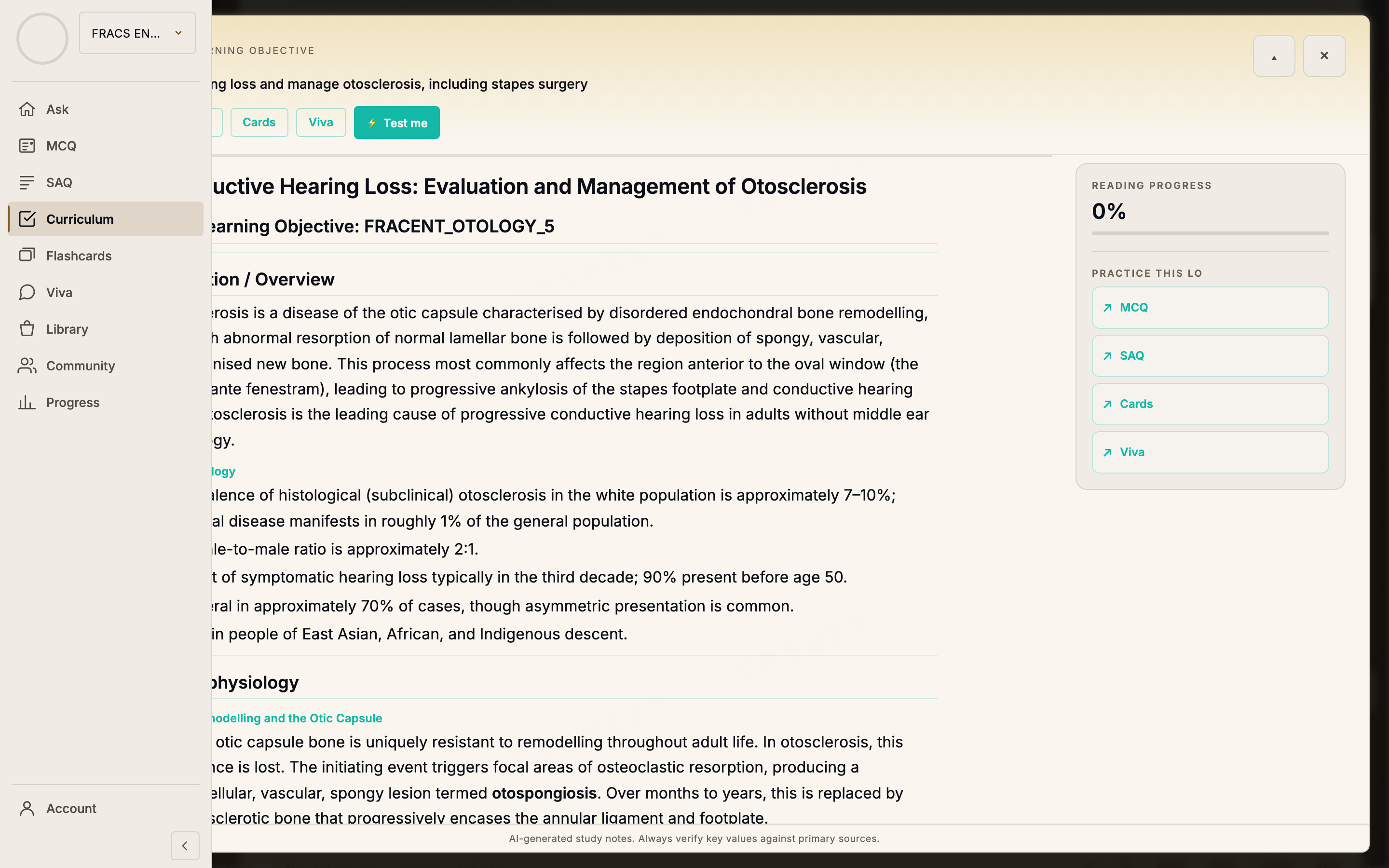 FRACS ENT study notes showing a curriculum-mapped learning objective note on cholesteatoma with fellowship-depth coverage