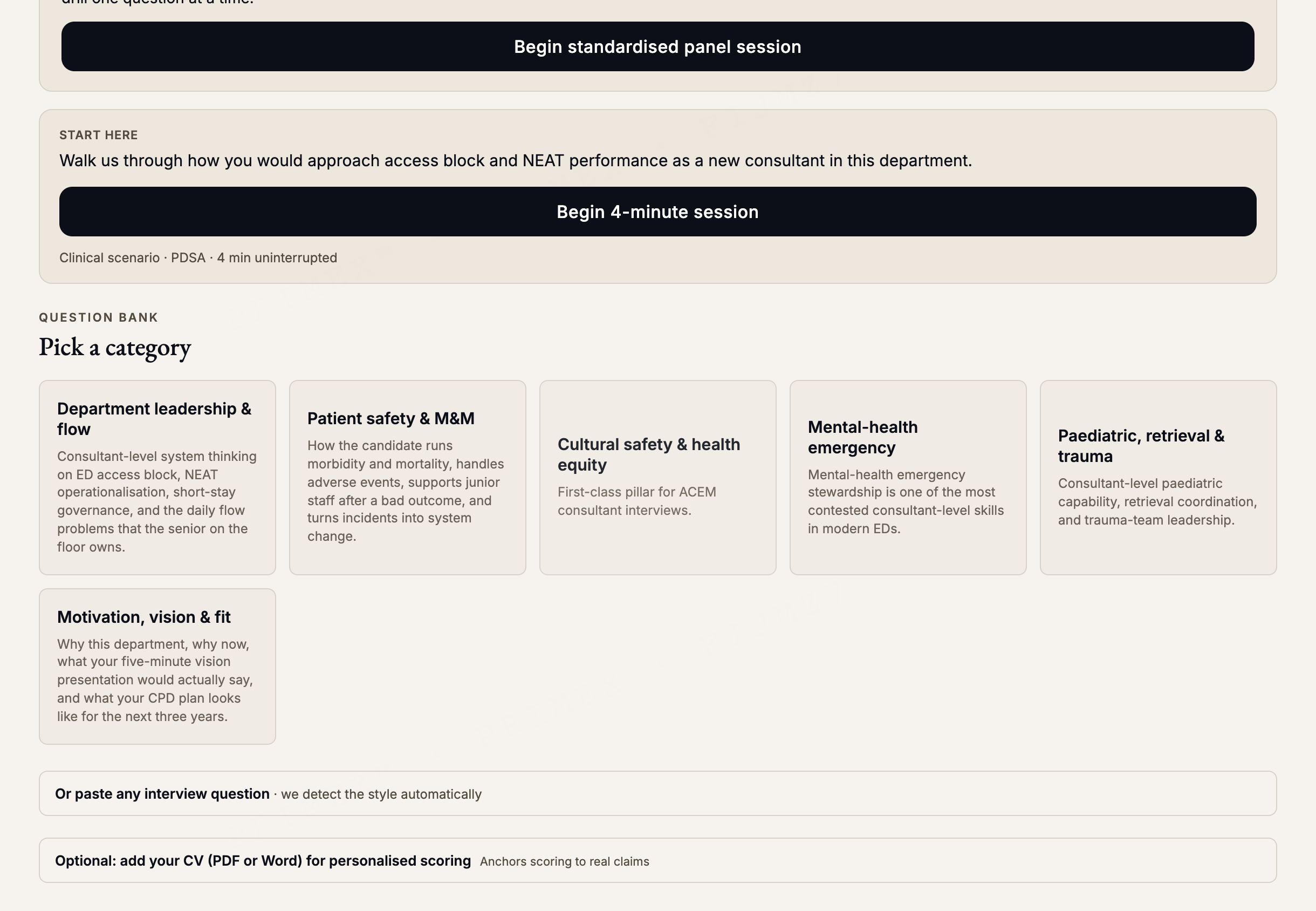 Emergency physician consultant interview practice: a standardised panel session with selectable question categories covering department flow, patient safety, and retrieval