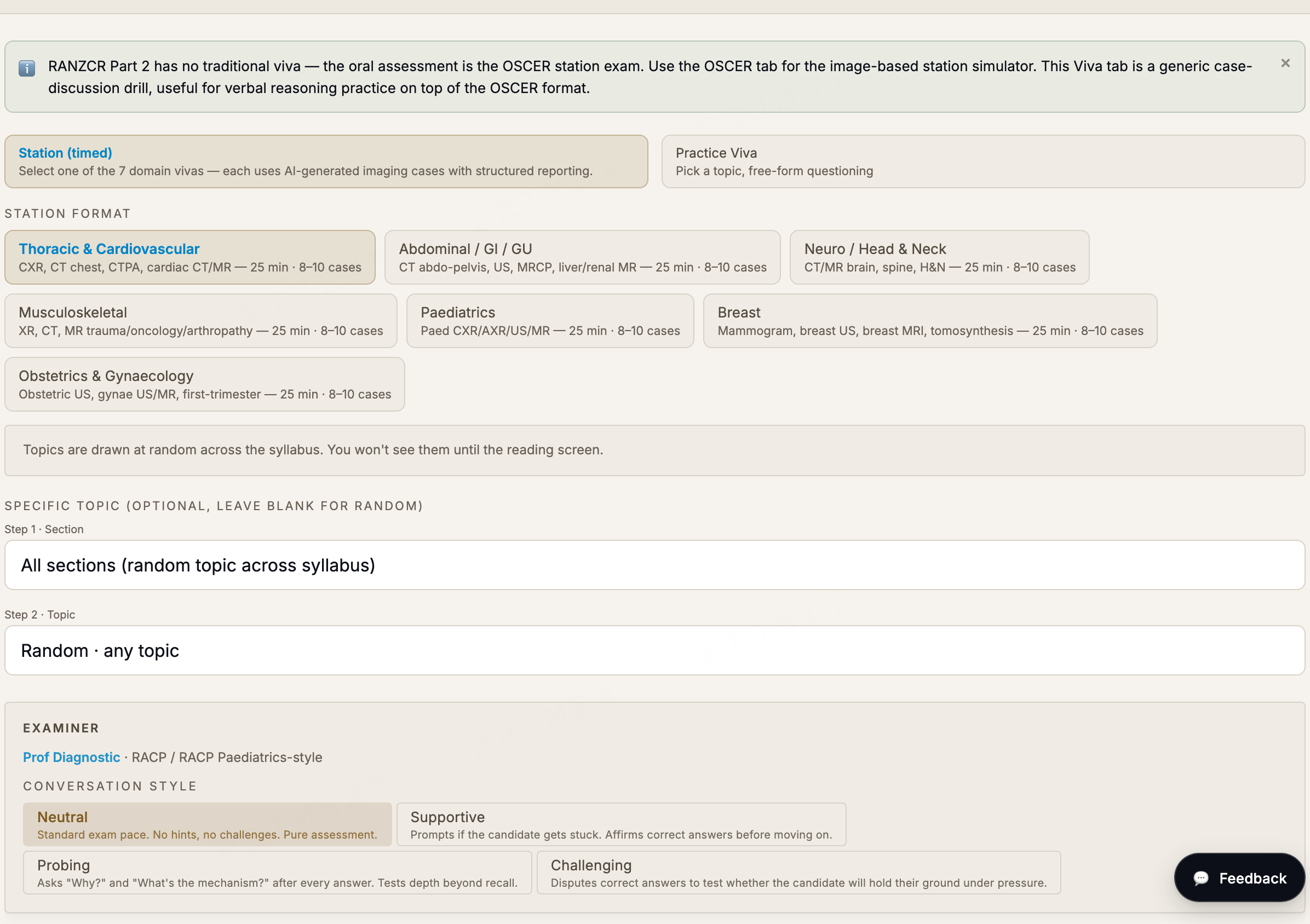 RANZCR Part 2 viva simulator: timed station setup across the seven OSCER domains with selectable examiner conversation styles