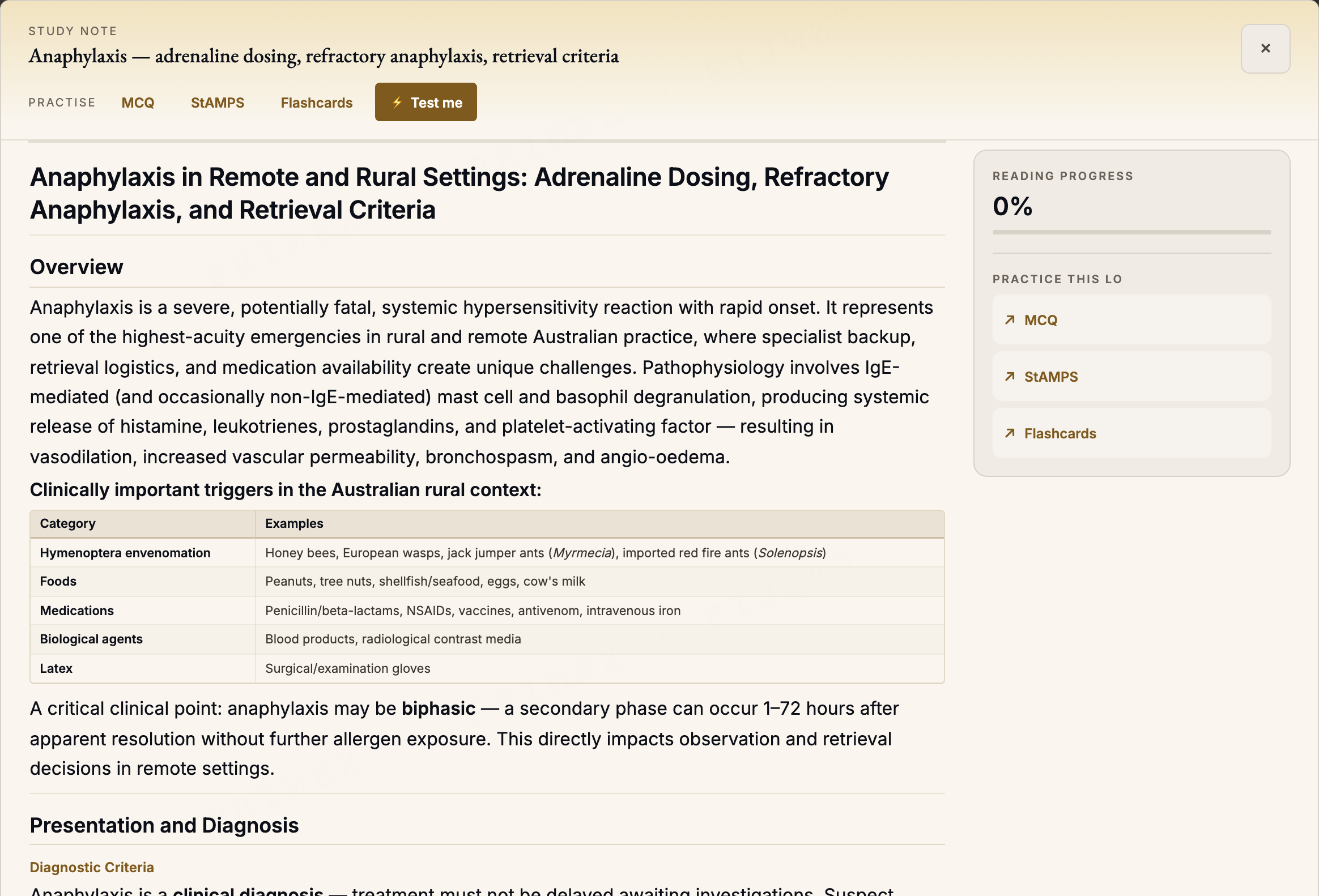 ACRRM study note: an anaphylaxis topic opened to a structured, referenced article with a rural management focus