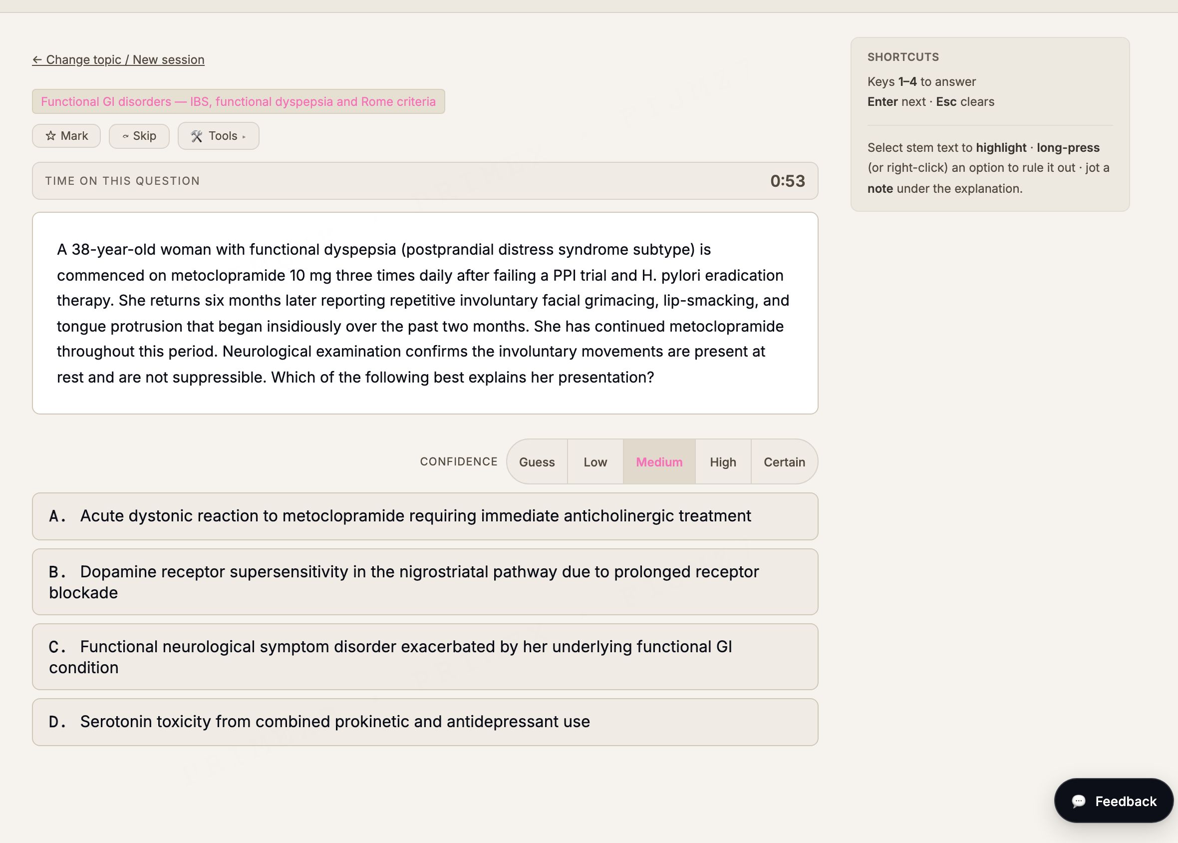 RACP BPT MCQ practice: a DWE-style single-best-answer question with four options and a confidence selector