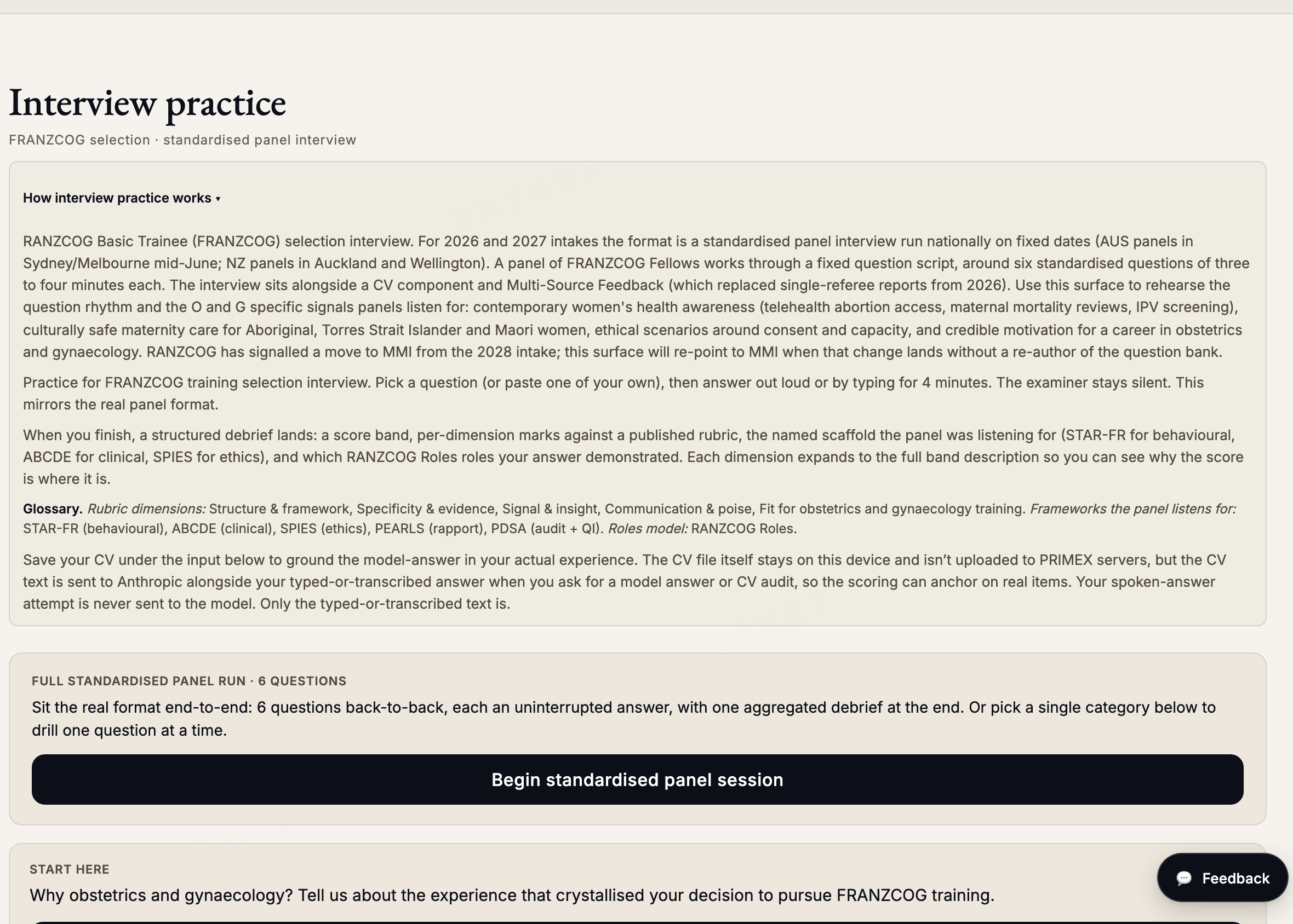 FRANZCOG interview practice: a standardised panel interview setup with a sample question