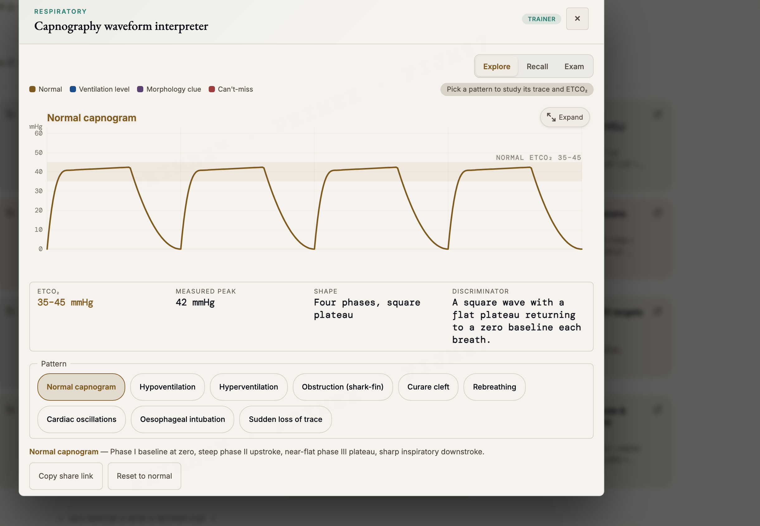 ANZCA Primary interactive diagram: a capnography waveform trainer with Explore, Recall and Exam modes