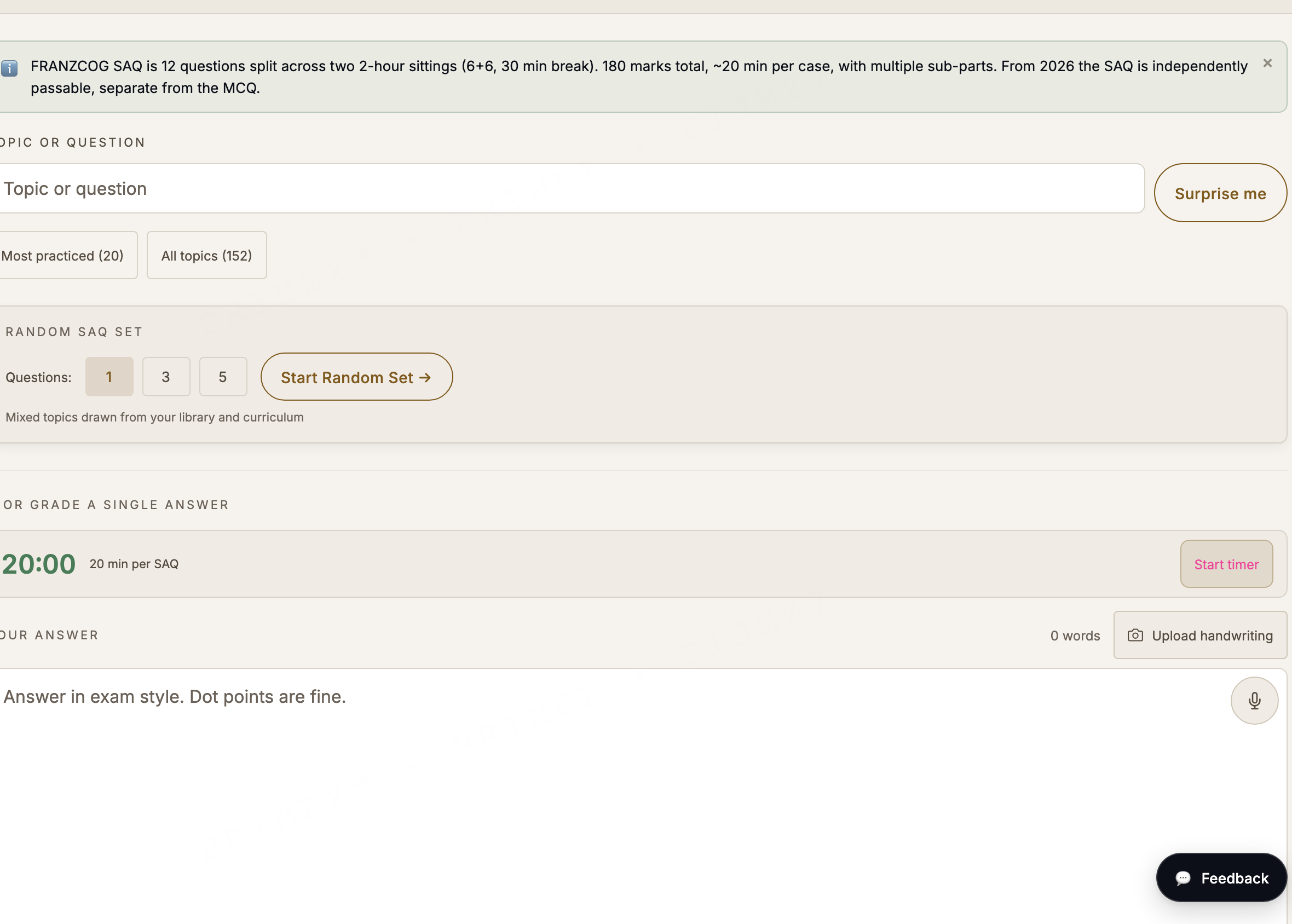 FRANZCOG SAQ grader: the answer box with a timer and a random question set