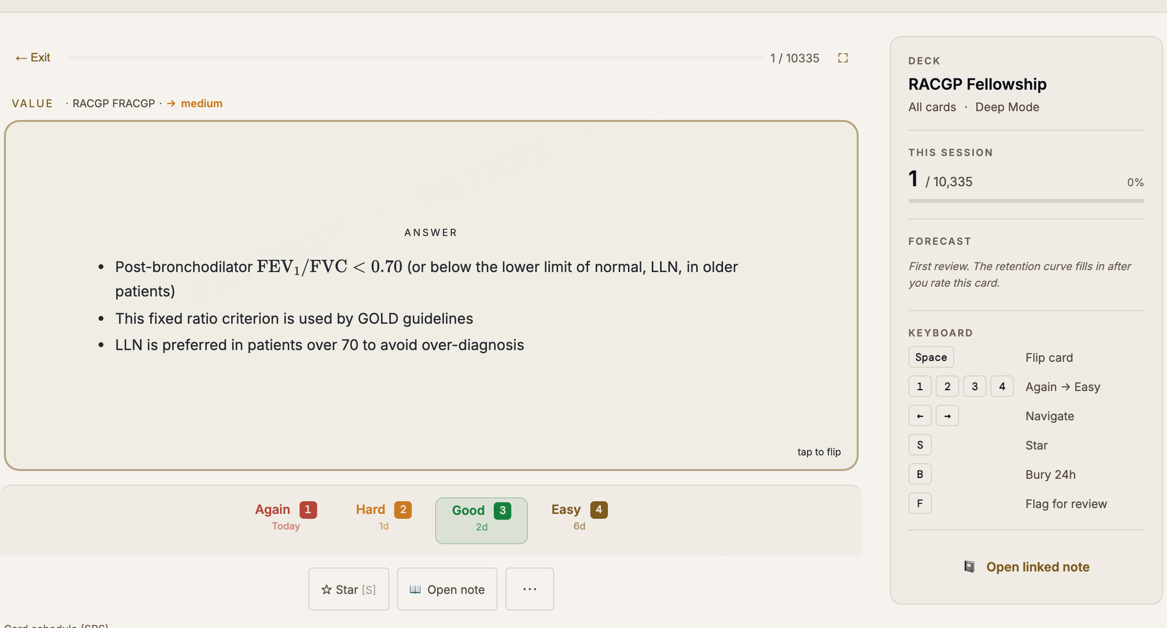 RACGP flashcards: a revealed spaced-repetition card with Again, Hard, Good and Easy grading