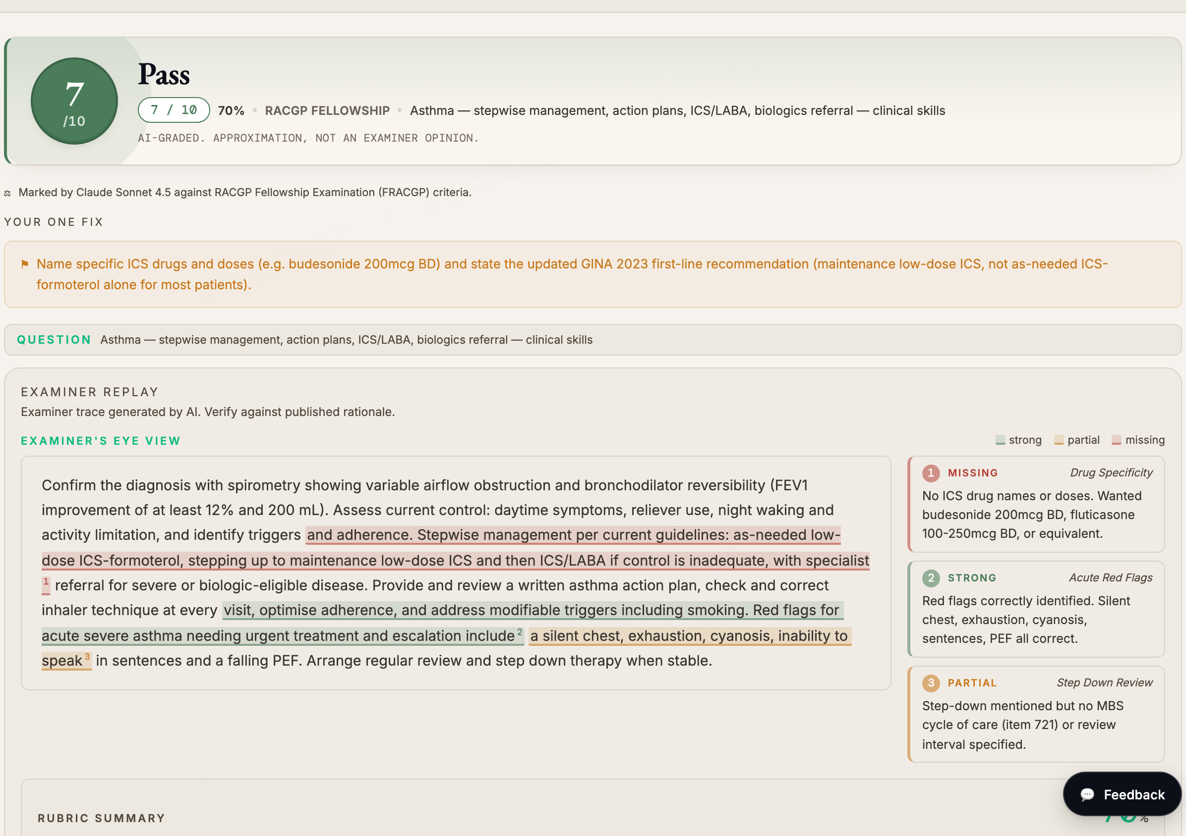 RACGP KFP grader: a candidate answer marked with a score and examiner-style AI feedback
