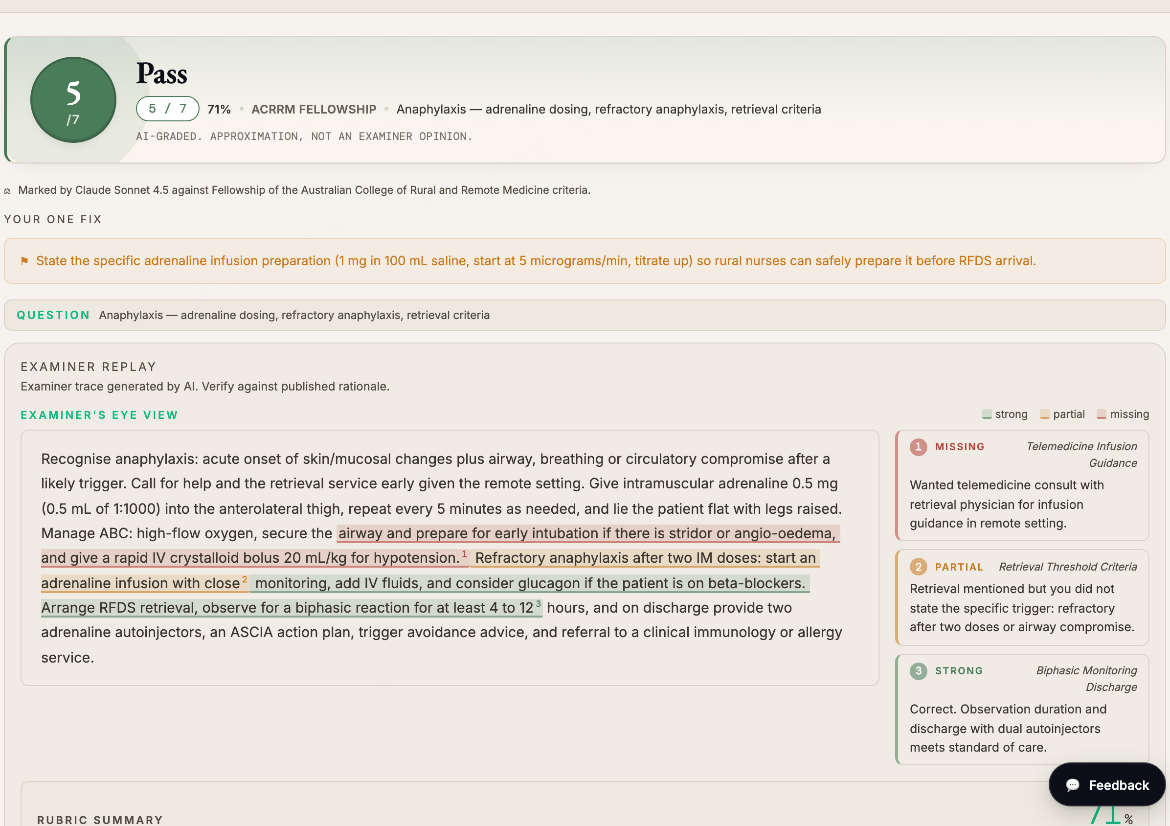 ACRRM StAMPS written grader: a marked anaphylaxis answer with a Pass tier, per-point rubric, and examiner feedback