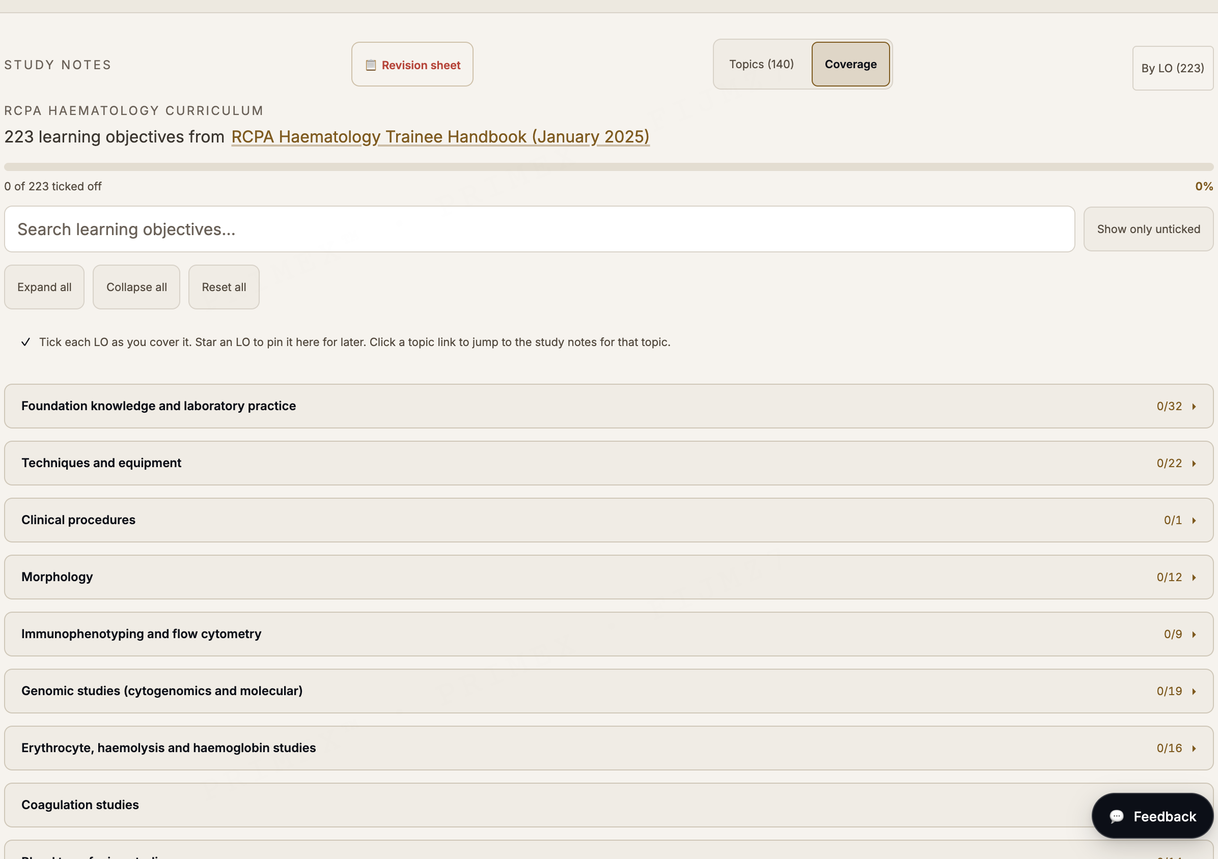 RCPA Haematology curriculum tracker: 223 learning objectives across the haematology domains with per-section progress counts