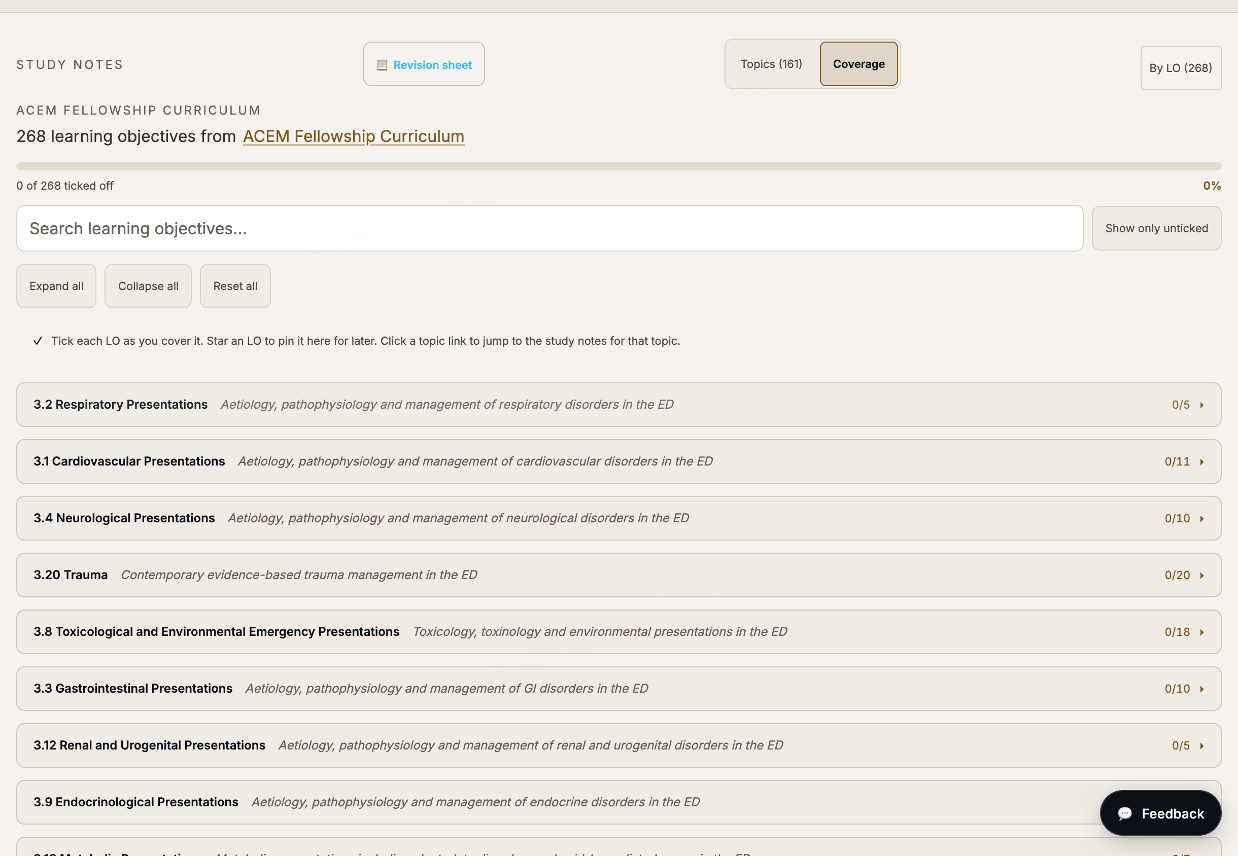 ACEM Fellowship curriculum tracker: 206 learning objectives grouped by presentation with per-section progress counts
