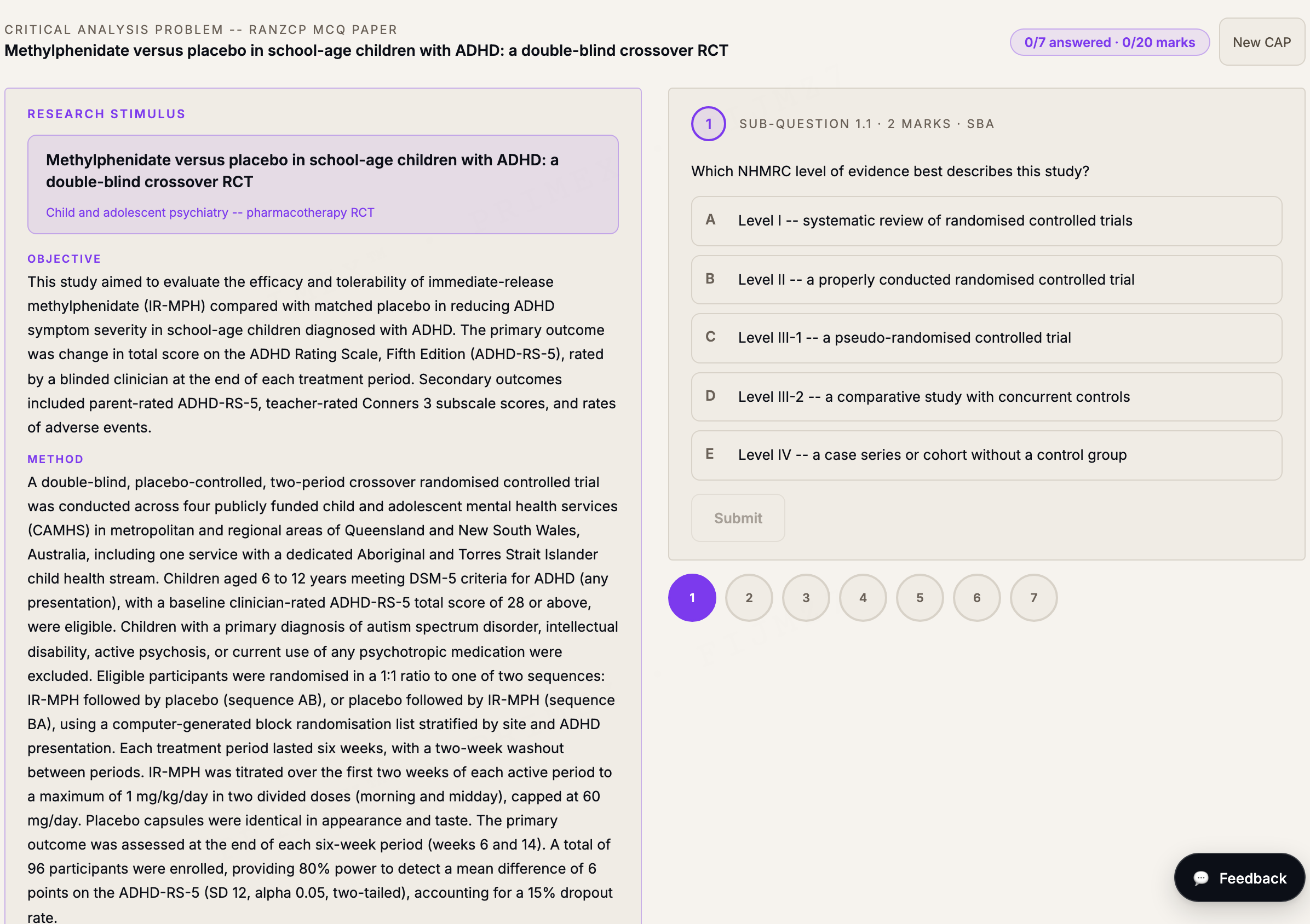 RANZCP Critical Analysis Problem: a synthetic research abstract with two data tables and graded short-answer sub-questions