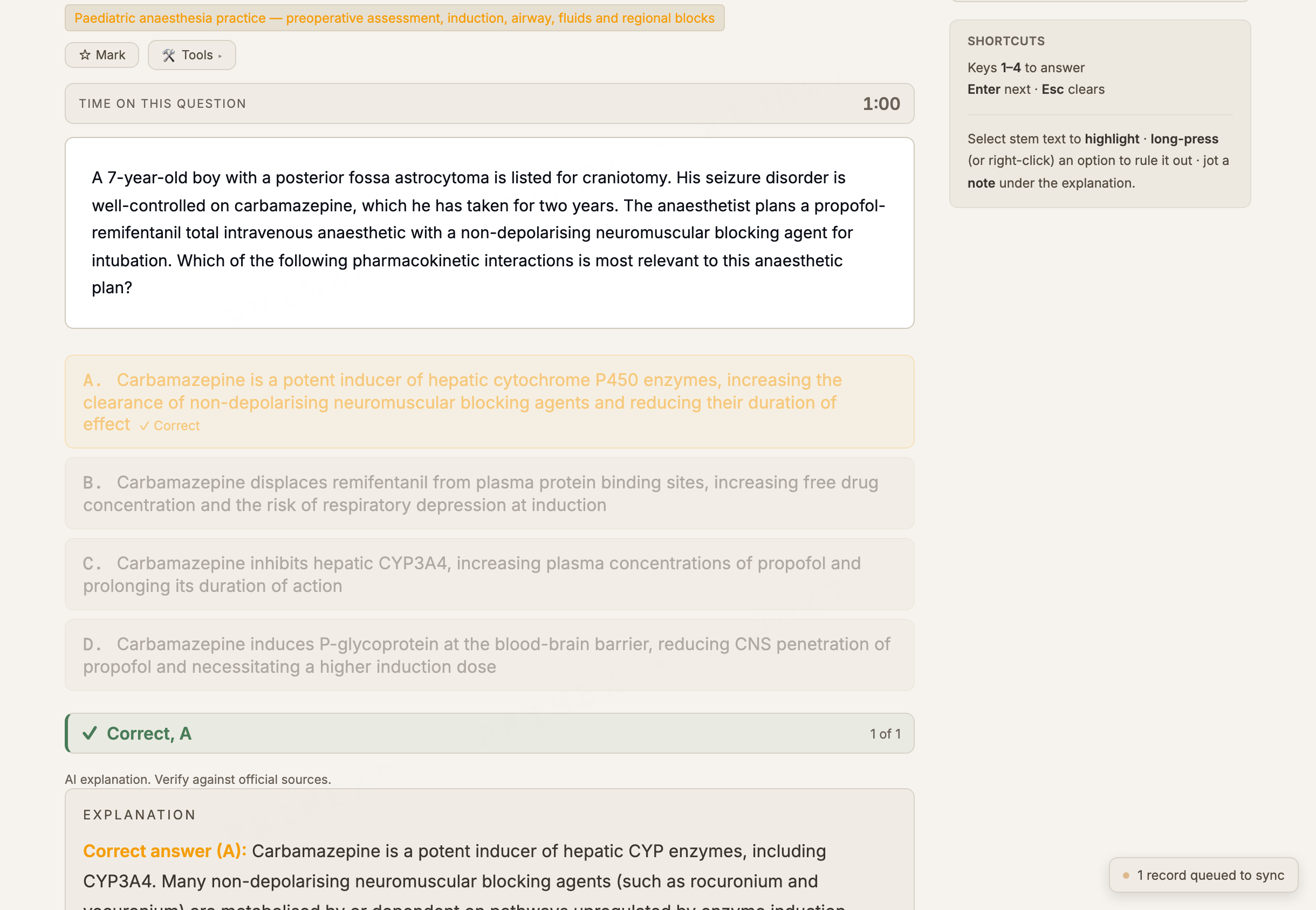 ANZCA Fellowship MCQ practice: a graded single best answer question with the correct option marked green and a full AI explanation