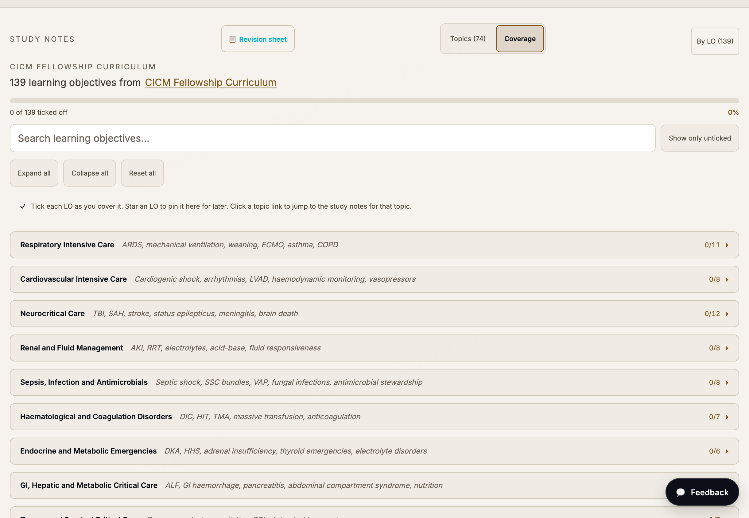CICM Fellowship curriculum tracker: 139 learning objectives grouped by ICU domain with per-section progress counts