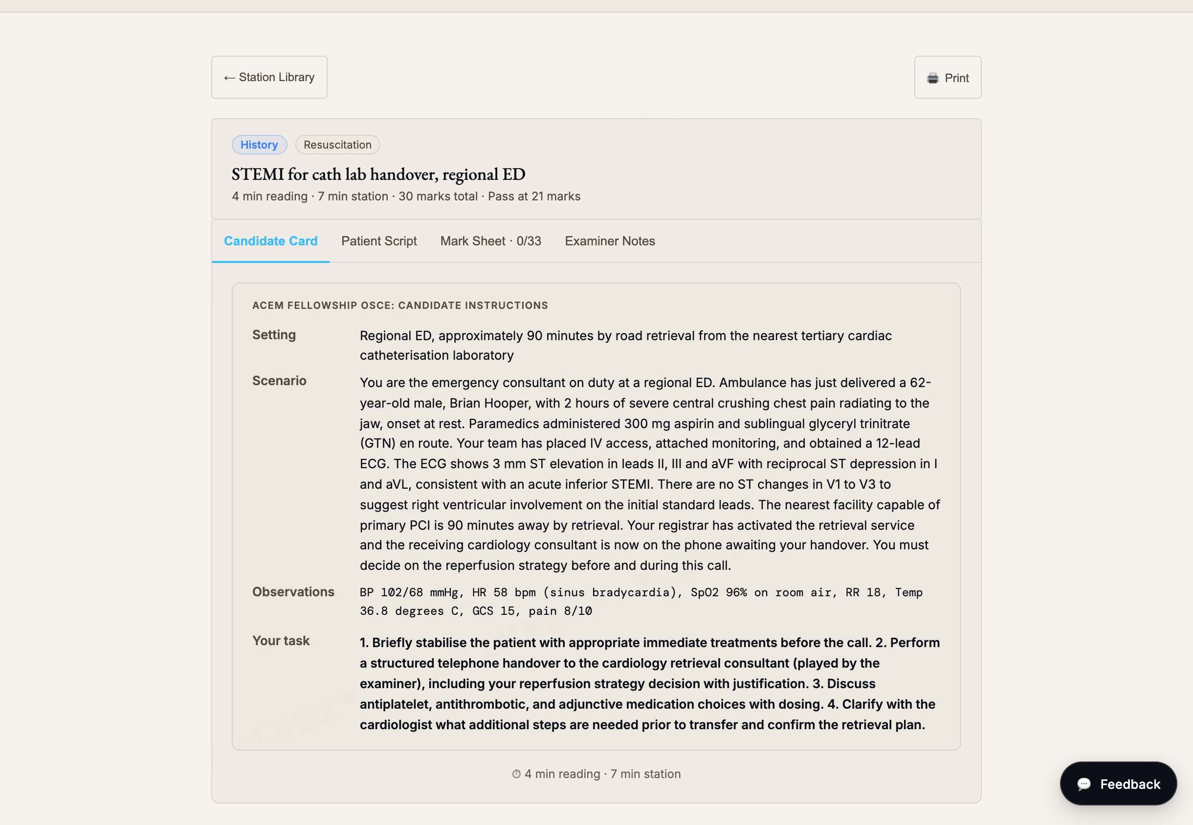 ACEM Fellowship OSCE station: an open STEMI handover candidate card with setting, scenario, observations, and the candidate task