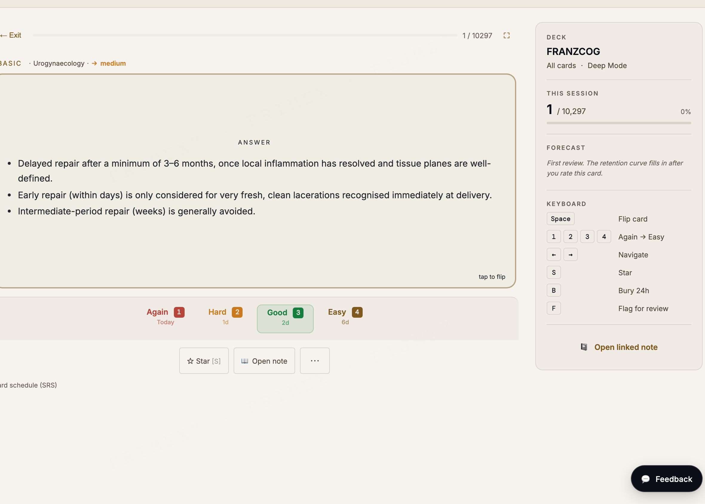 FRANZCOG flashcard: a revealed spaced-repetition card with Again, Hard, Good and Easy grading