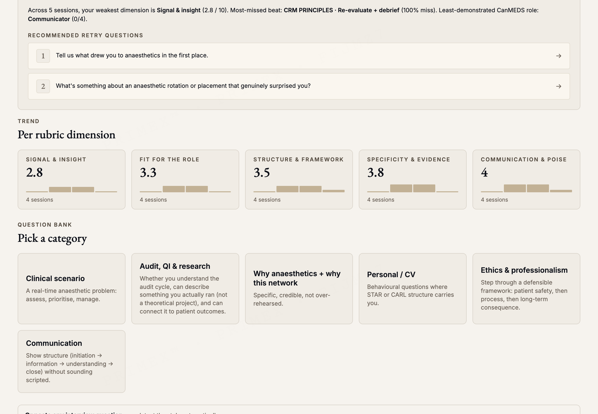 ANZCA Primary registrar interview practice: per-rubric-dimension scoring and a question-category bank