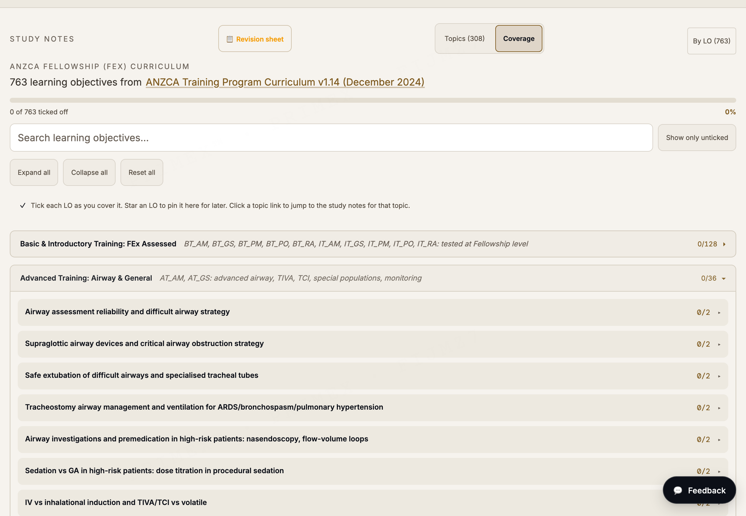 ANZCA Fellowship curriculum tracker: 763 learning objectives grouped by section with per section progress counts