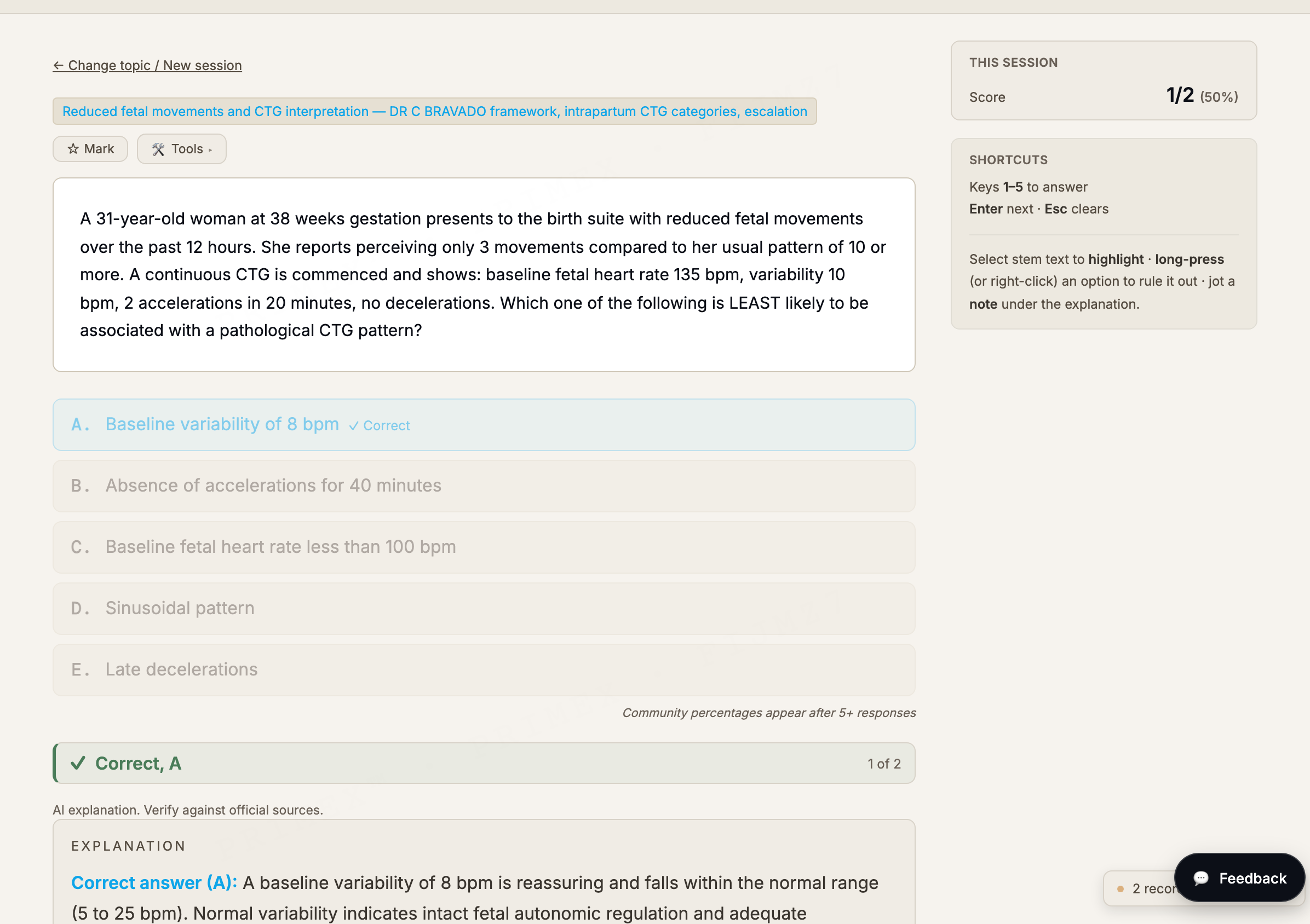 AMC Part 1 CAT MCQ practice: a graded single-best-answer question with the correct option marked and a full AI explanation