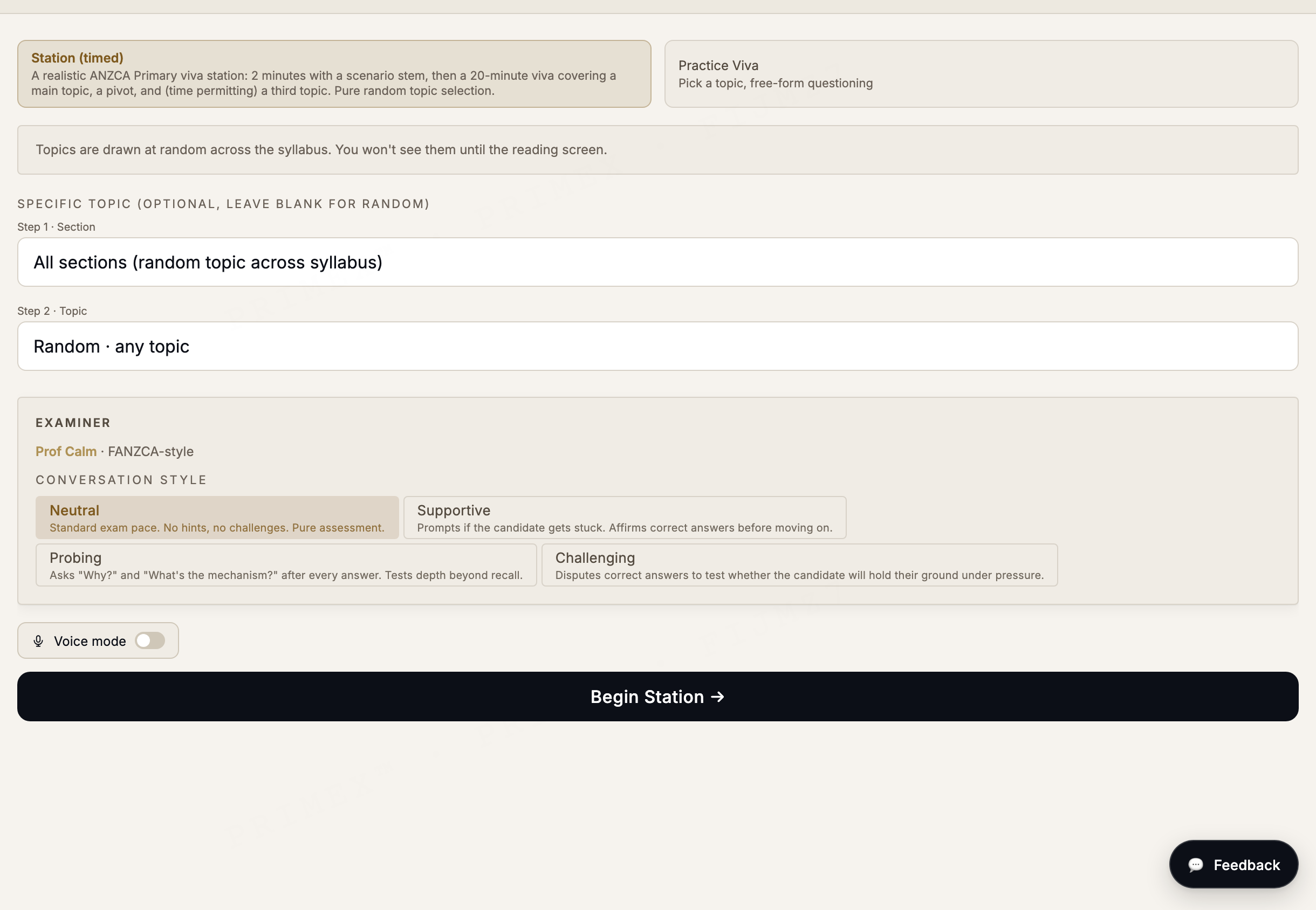 ANZCA Primary viva simulator: station setup with selectable FANZCA-style examiner conversation styles