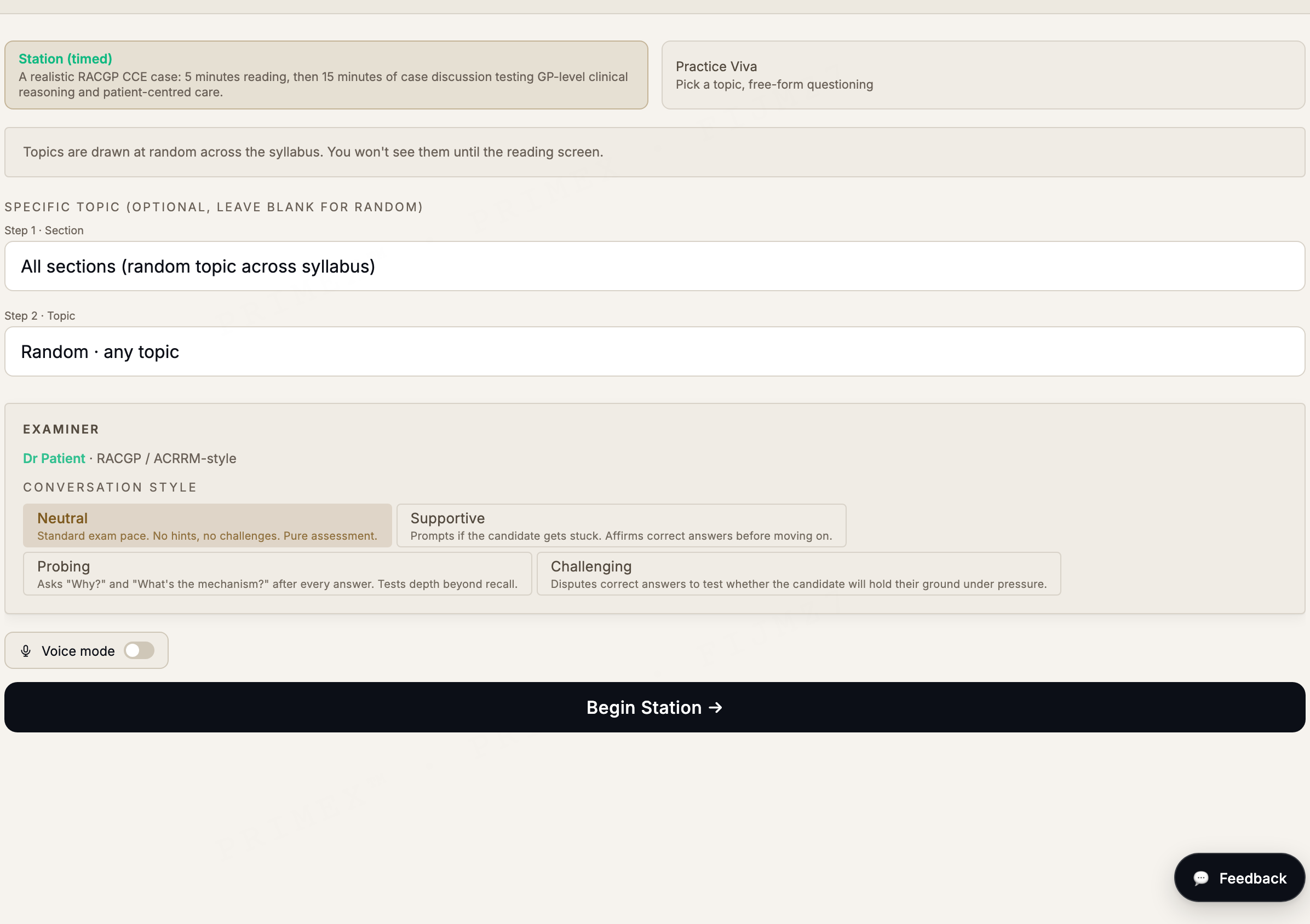 RACGP CCE consultation simulator setup: a case with selectable examiner conversation styles