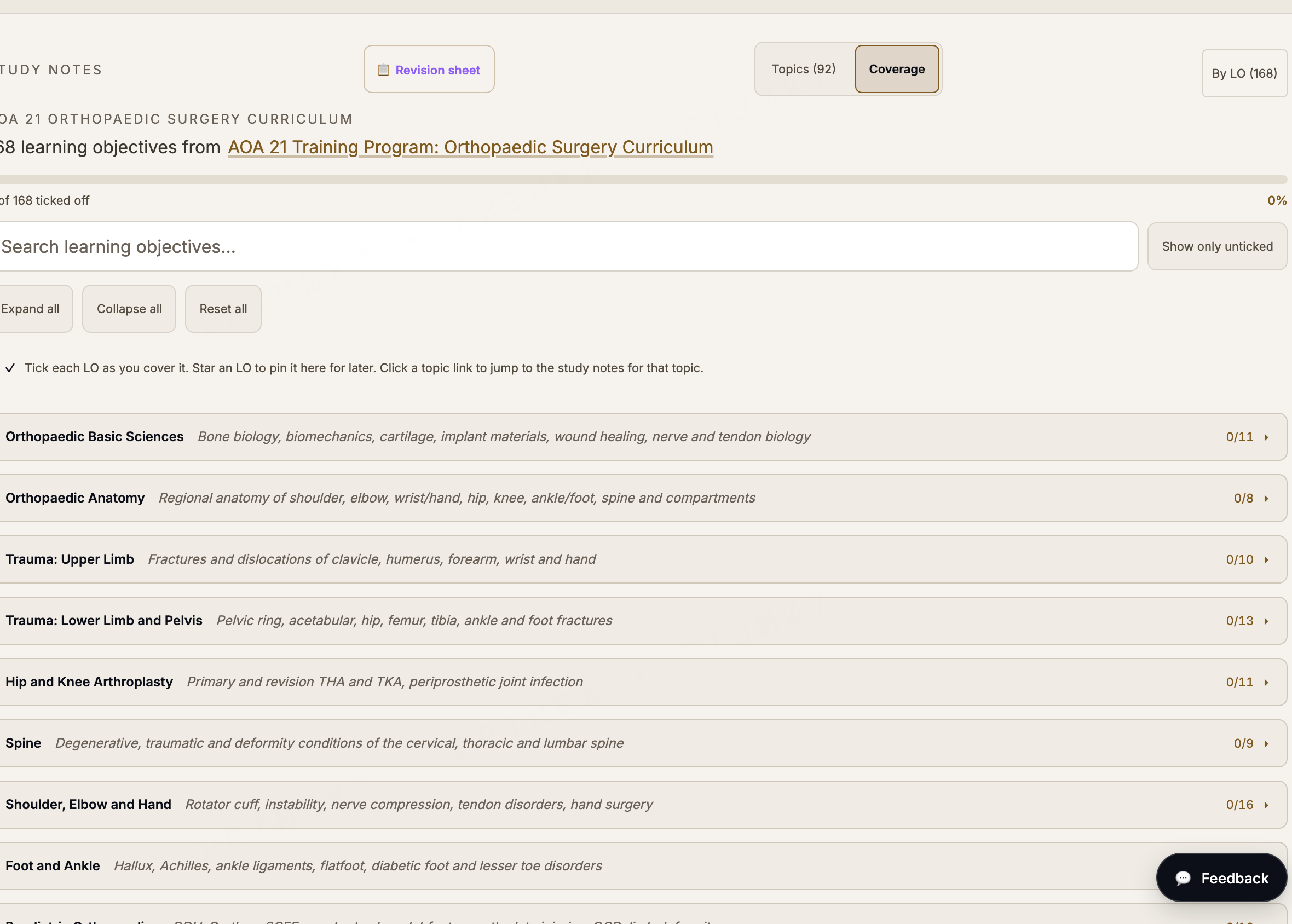 FRACS Orthopaedics curriculum tracker: AOA 21 learning objectives grouped by area with progress counts