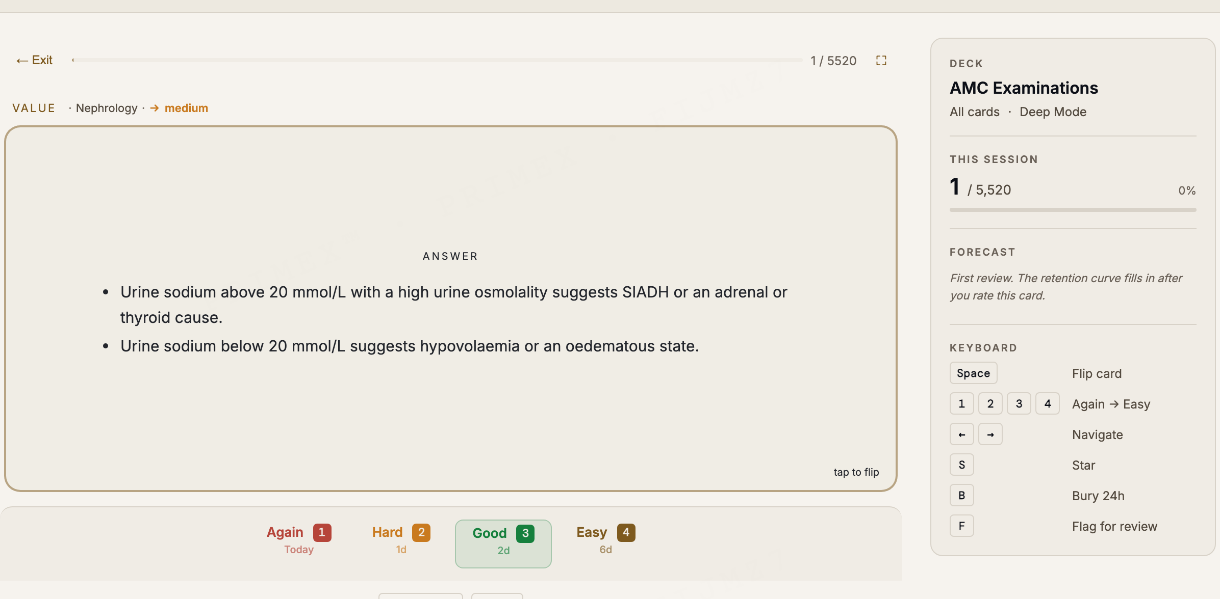 AMC flashcards: a revealed spaced-repetition card with Again, Hard, Good and Easy grading