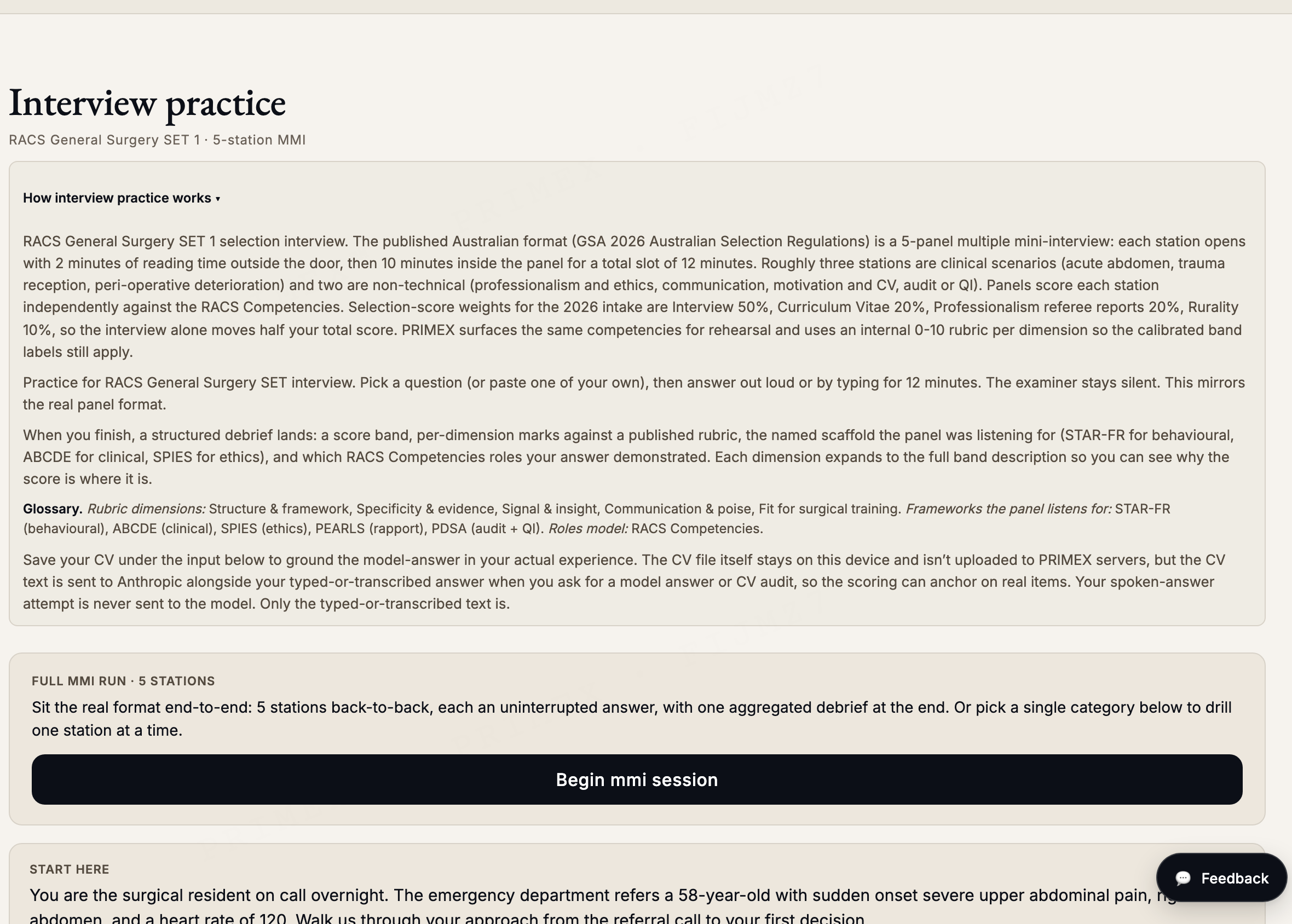 FRACS General Surgery interview practice: a 5-station MMI setup with a sample scenario