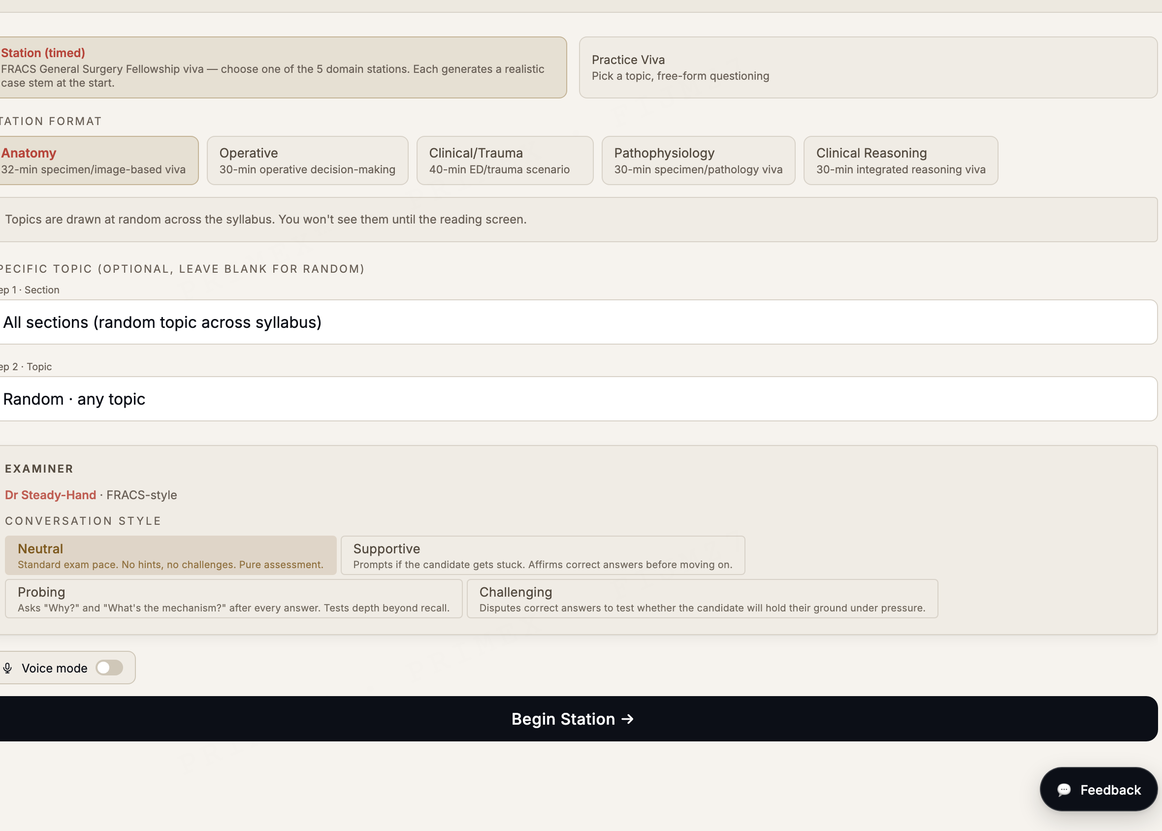 FRACS General Surgery viva simulator: station setup with selectable examiner conversation styles