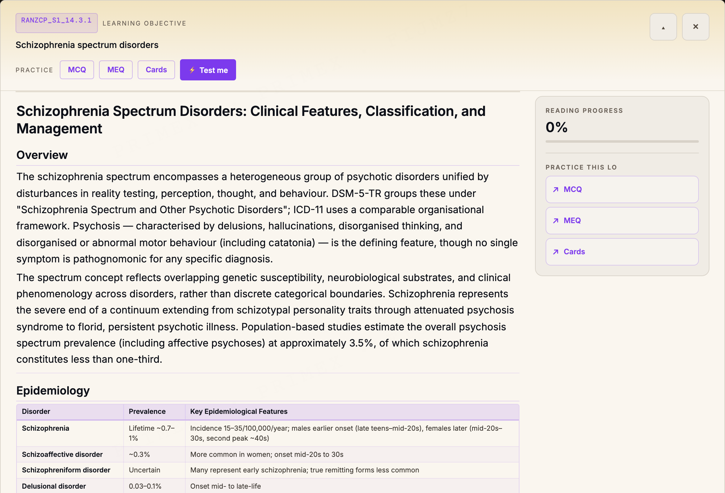 RANZCP study note: a guideline-grounded note opened in the reading view, structured into clinical application sections