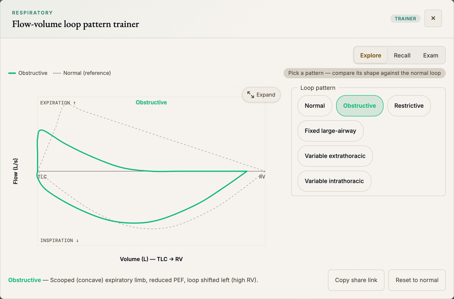 Interactive flow-volume loop trainer: the obstructive pattern drawn live against the normal reference loop, with Explore, Recall and Exam modes and a pattern selector