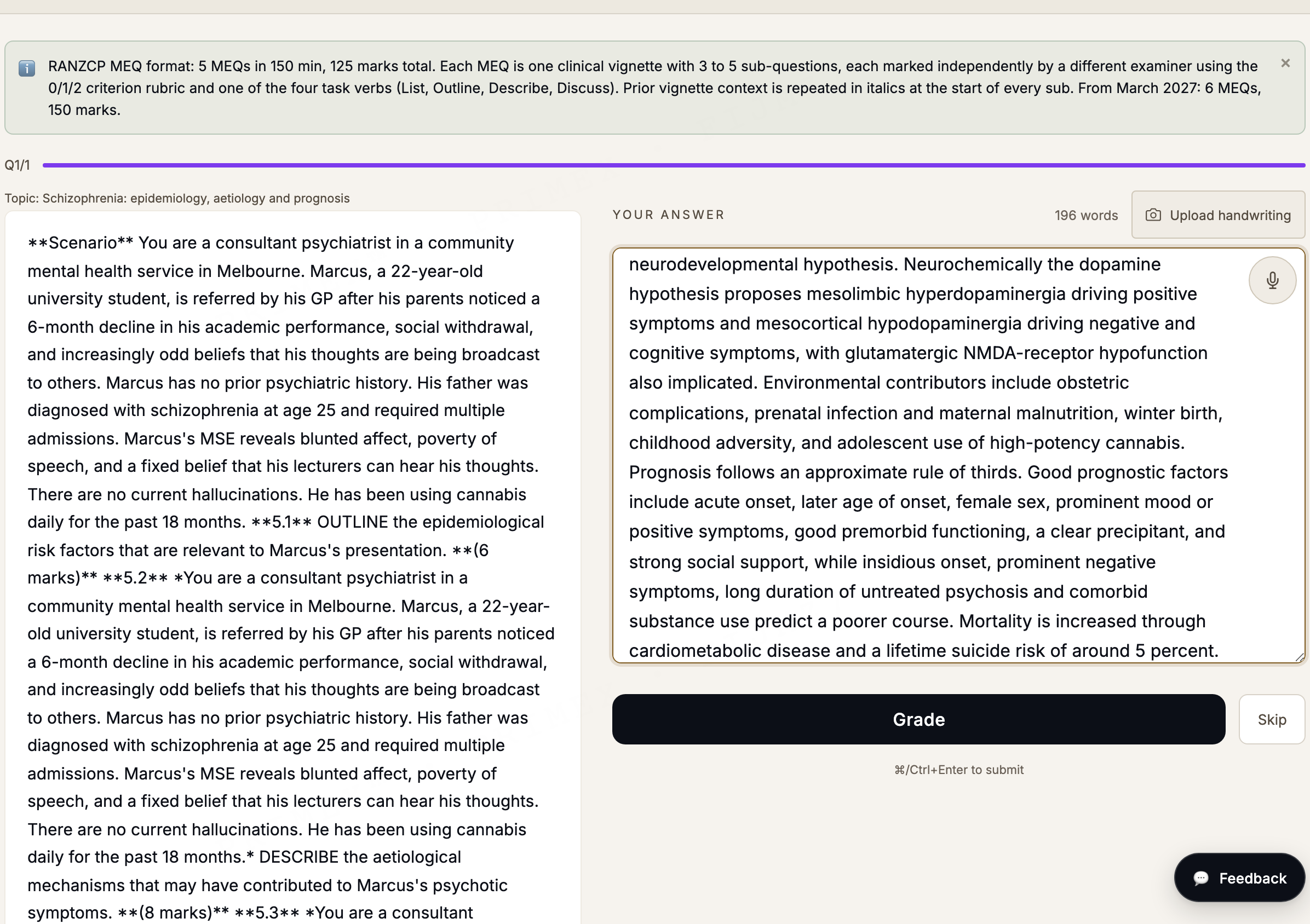 RANZCP MEQ session: a clinical vignette with sequential task-verb sub-questions and an answer field