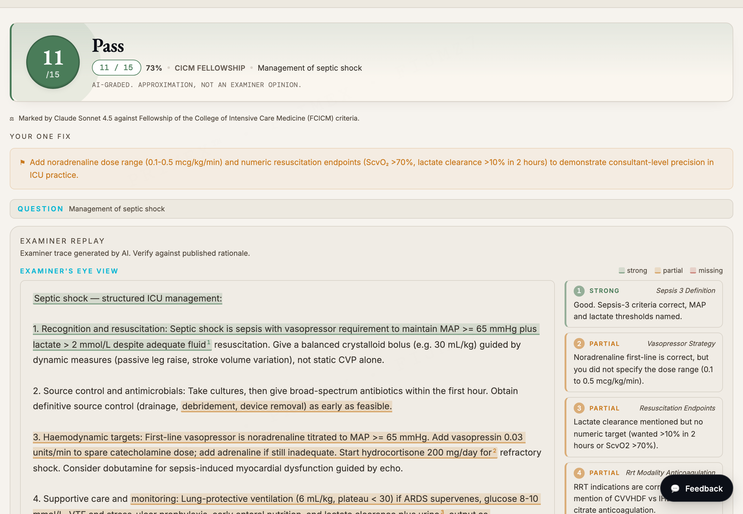 CICM Fellowship SAQ grader: a marked answer showing a Pass tier, an examiner comment, and a model answer with doses and targets