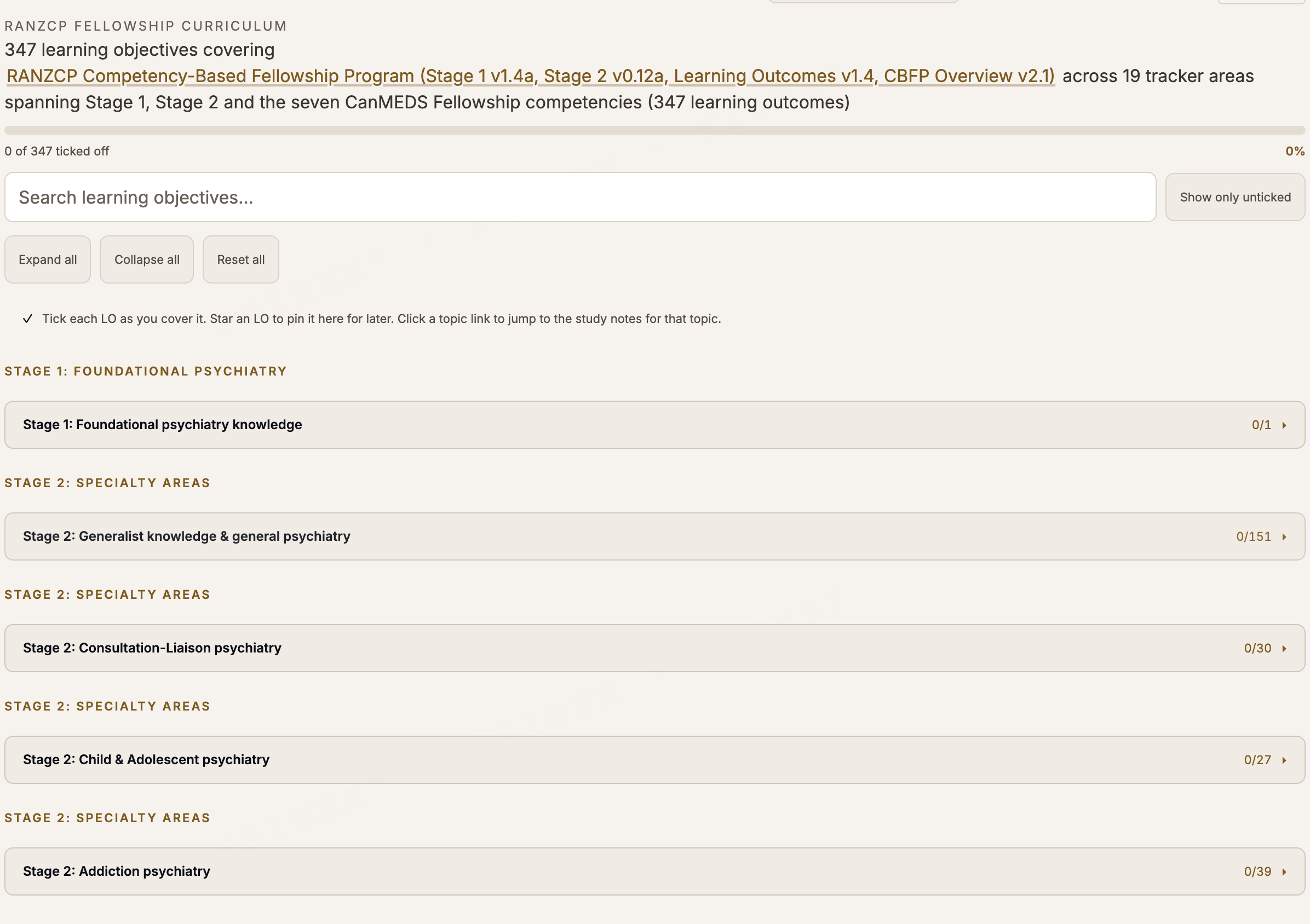 RANZCP curriculum tracker: Fellowship learning outcomes grouped by stage with per-section progress bars