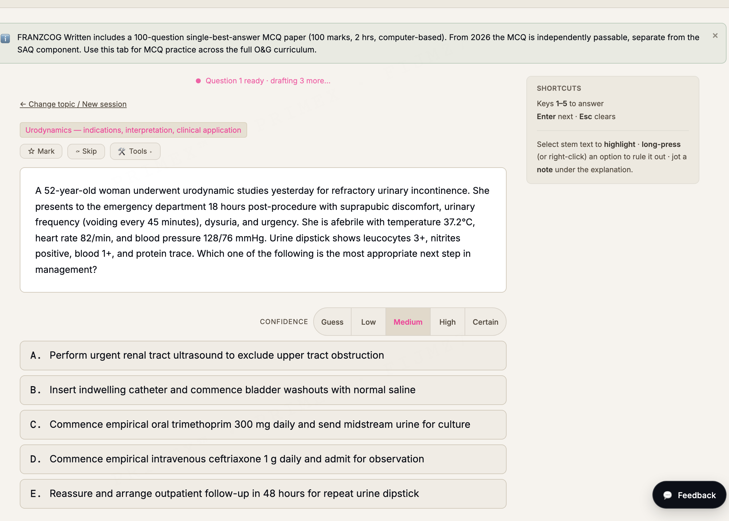 FRANZCOG MCQ practice: a single-best-answer urogynaecology question with a confidence selector
