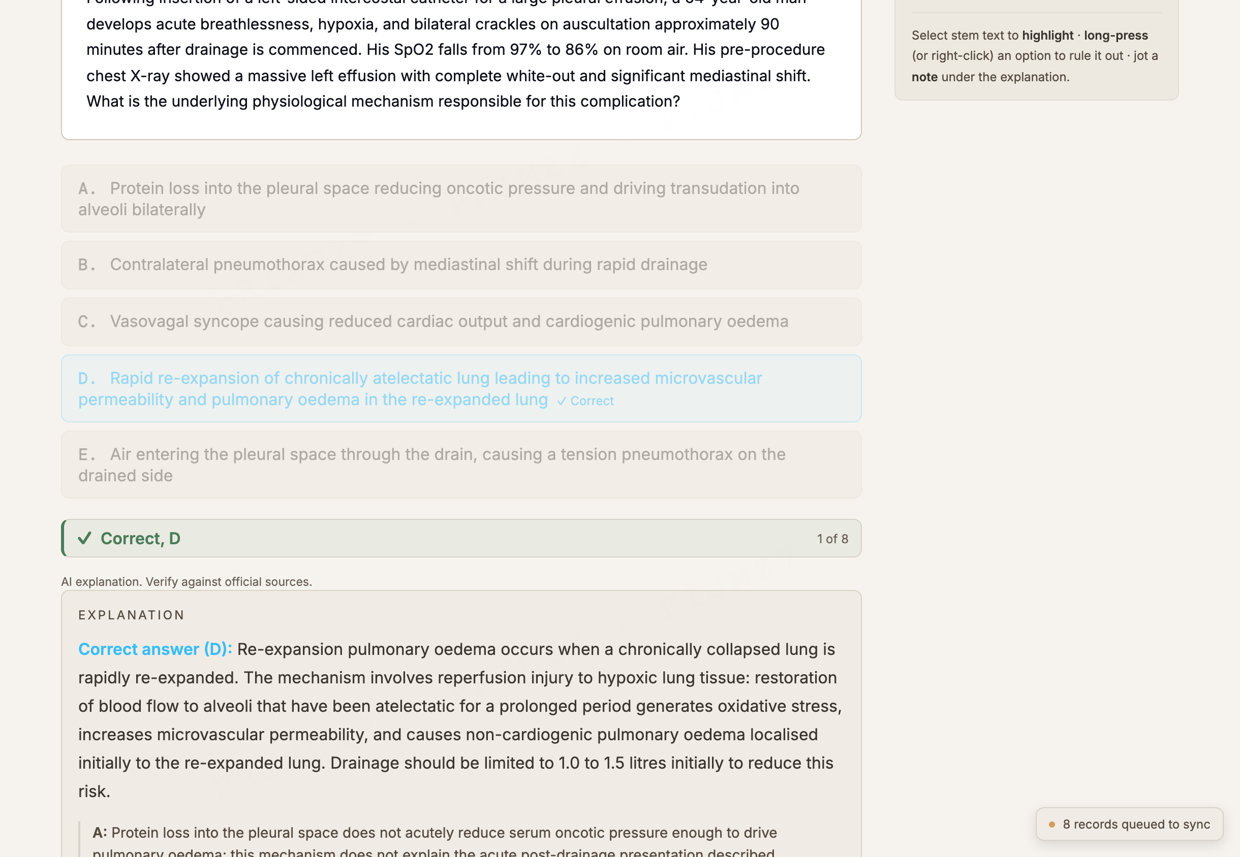 ACEM Fellowship MCQ practice: a single-best-answer question answered correctly, with the correct option highlighted and a full explanation