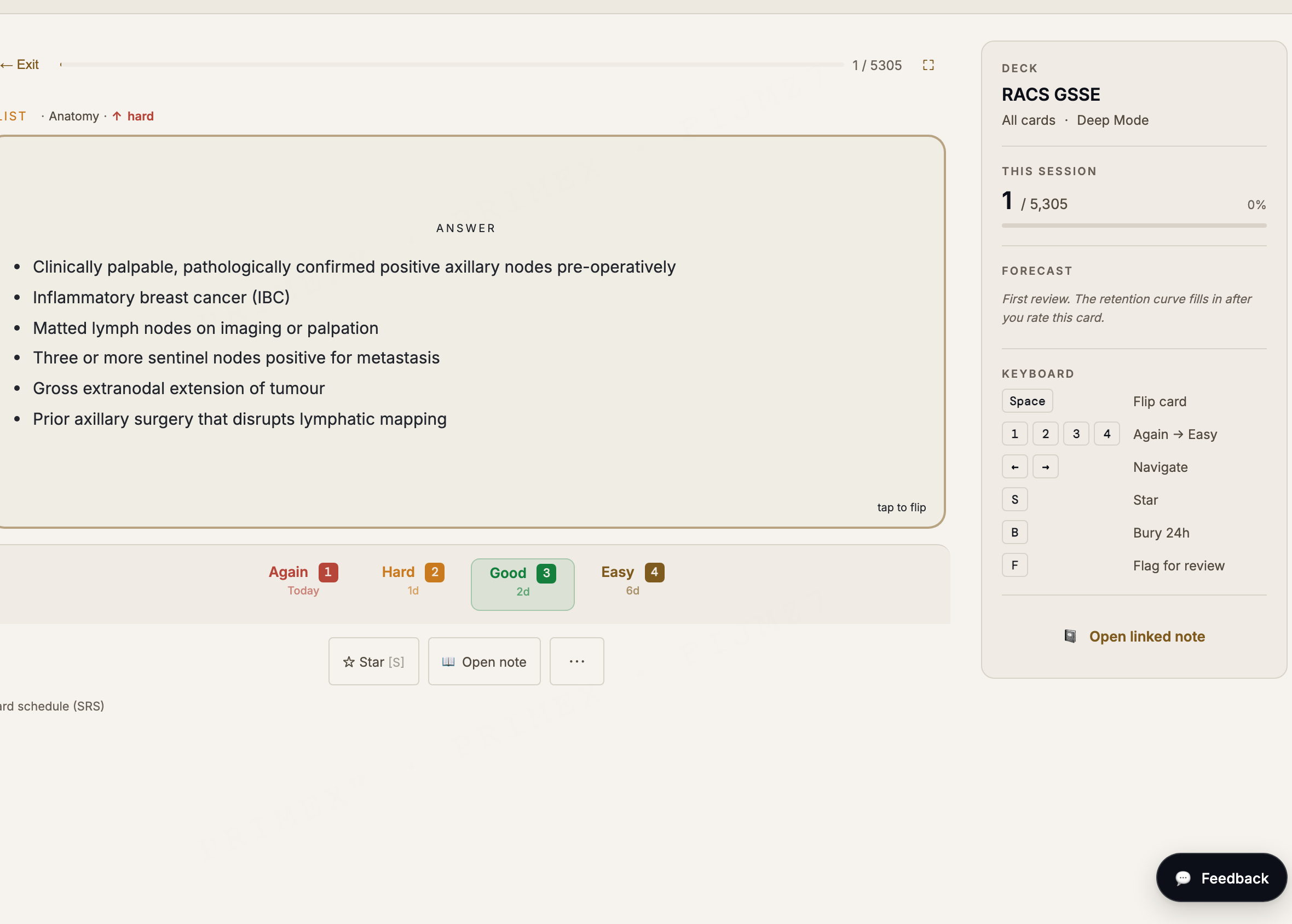 RACS GSSE flashcard: a revealed spaced-repetition card with Again, Hard, Good and Easy grading