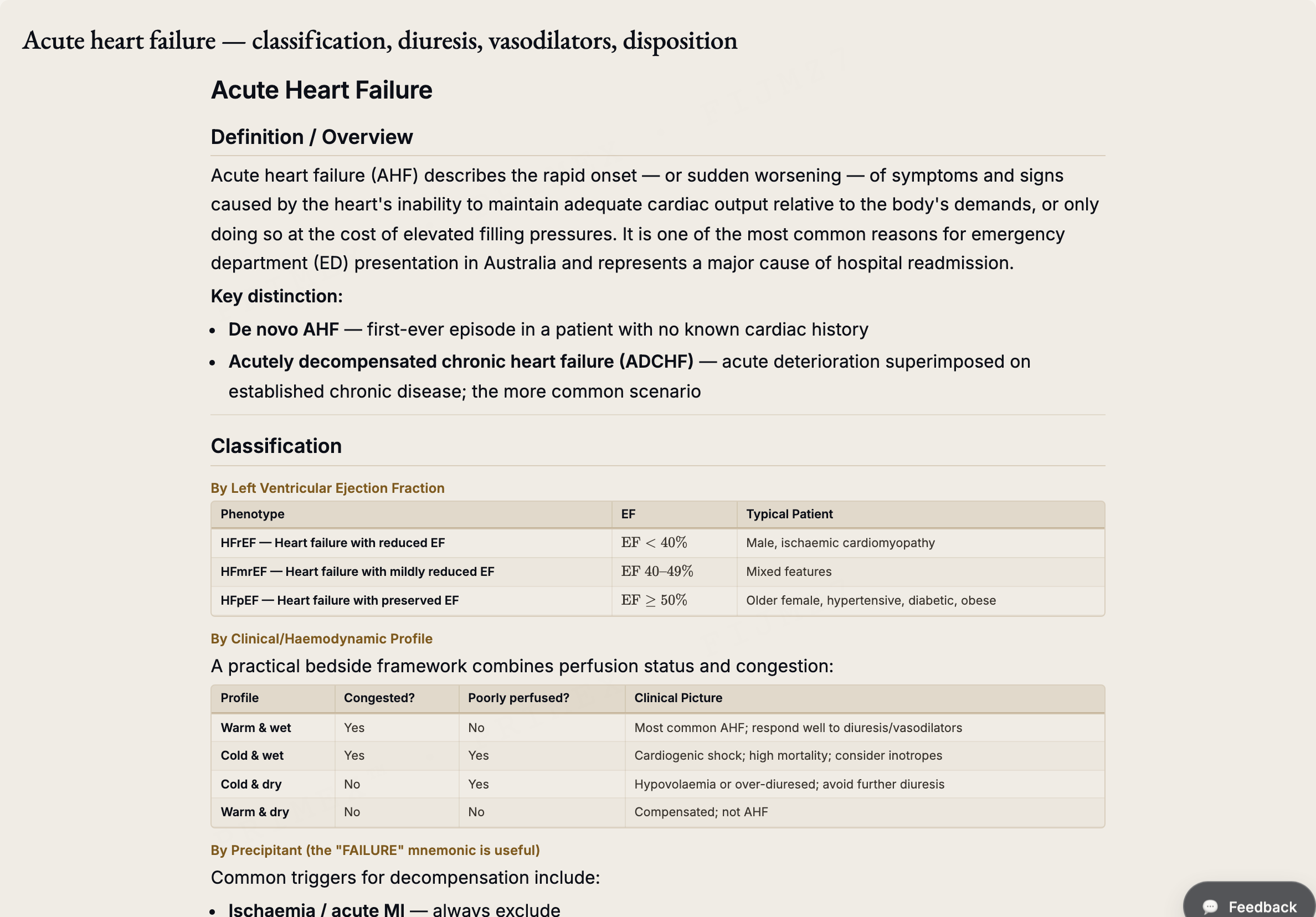 Medical student study note: an acute heart failure article with classification and haemodynamic profile tables