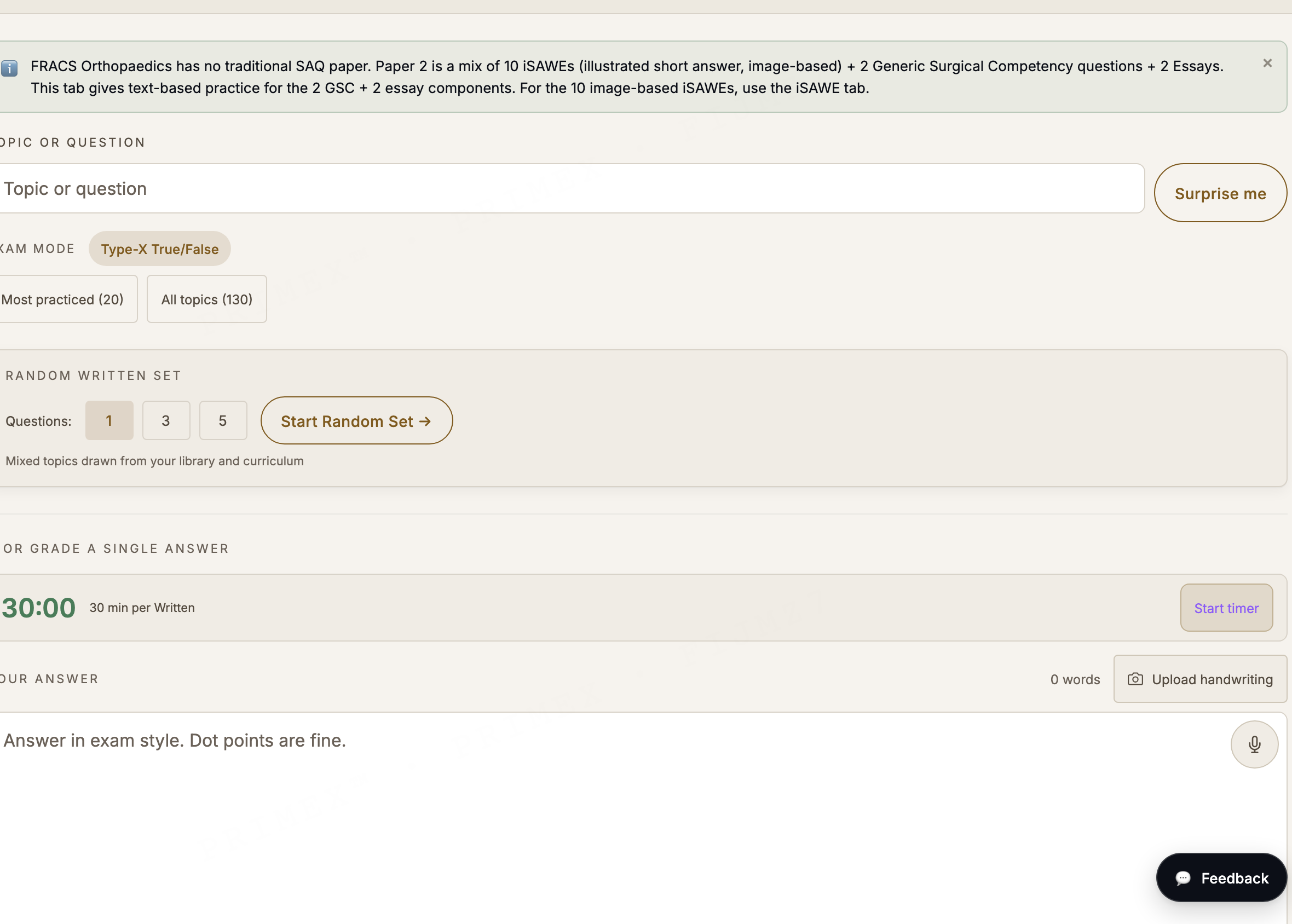 FRACS Orthopaedics written grader: the answer box with a timer and a random question set