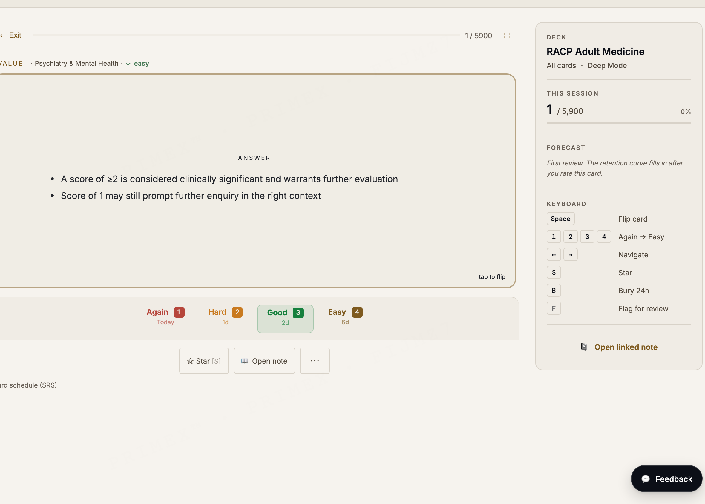 RACP BPT flashcards: a revealed spaced-repetition card with Again, Hard, Good and Easy grading