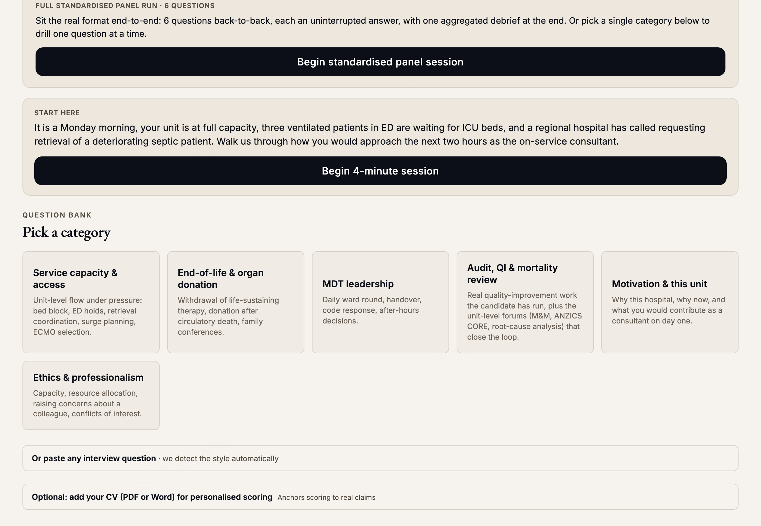 ICU consultant interview practice: a standardised panel session with selectable question categories covering service capacity, end-of-life, and MDT leadership