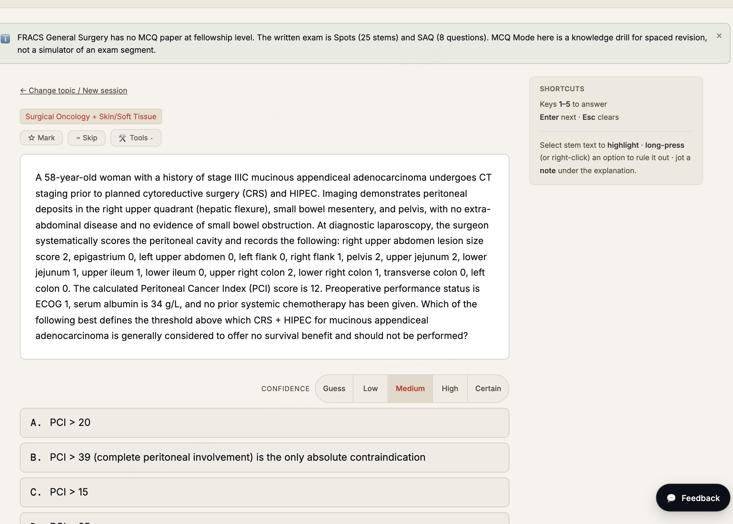 FRACS General Surgery MCQ practice: a single-best-answer question with a confidence selector