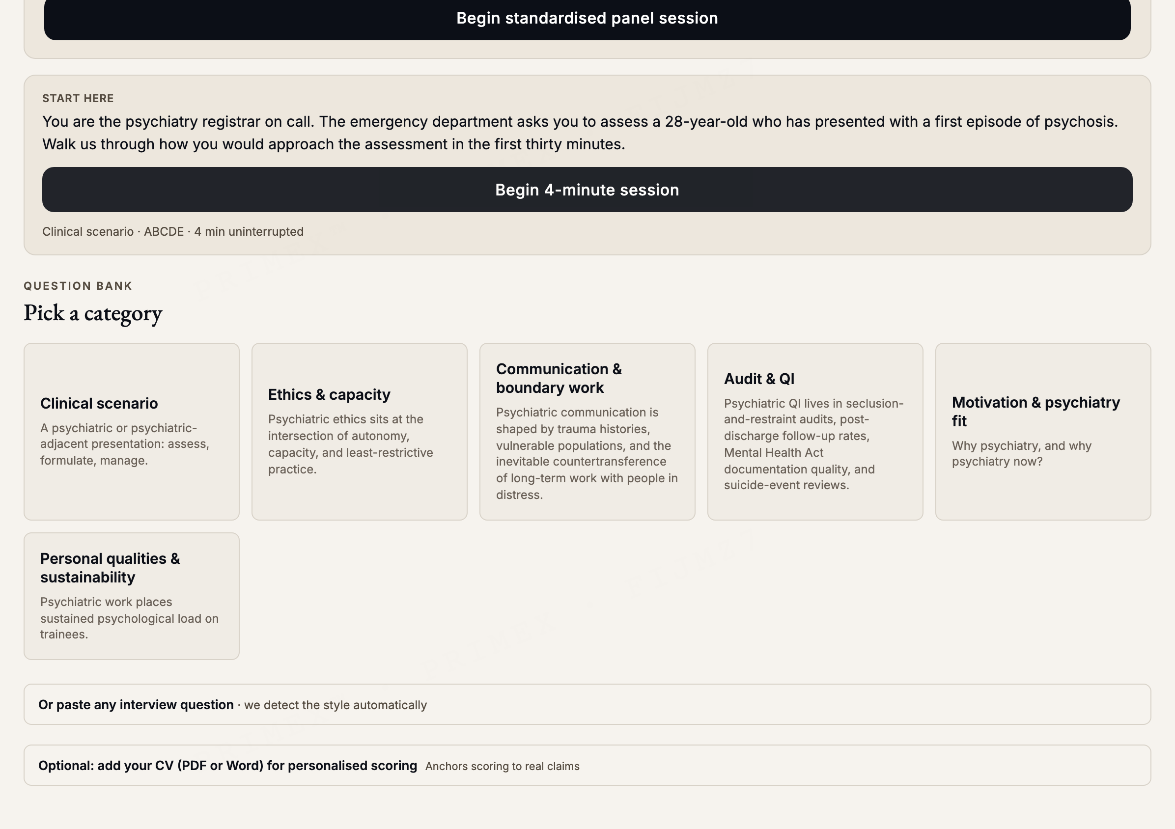 RANZCP selection interview practice: a single panel question with a STAR-FR framework prompt and per-dimension scoring