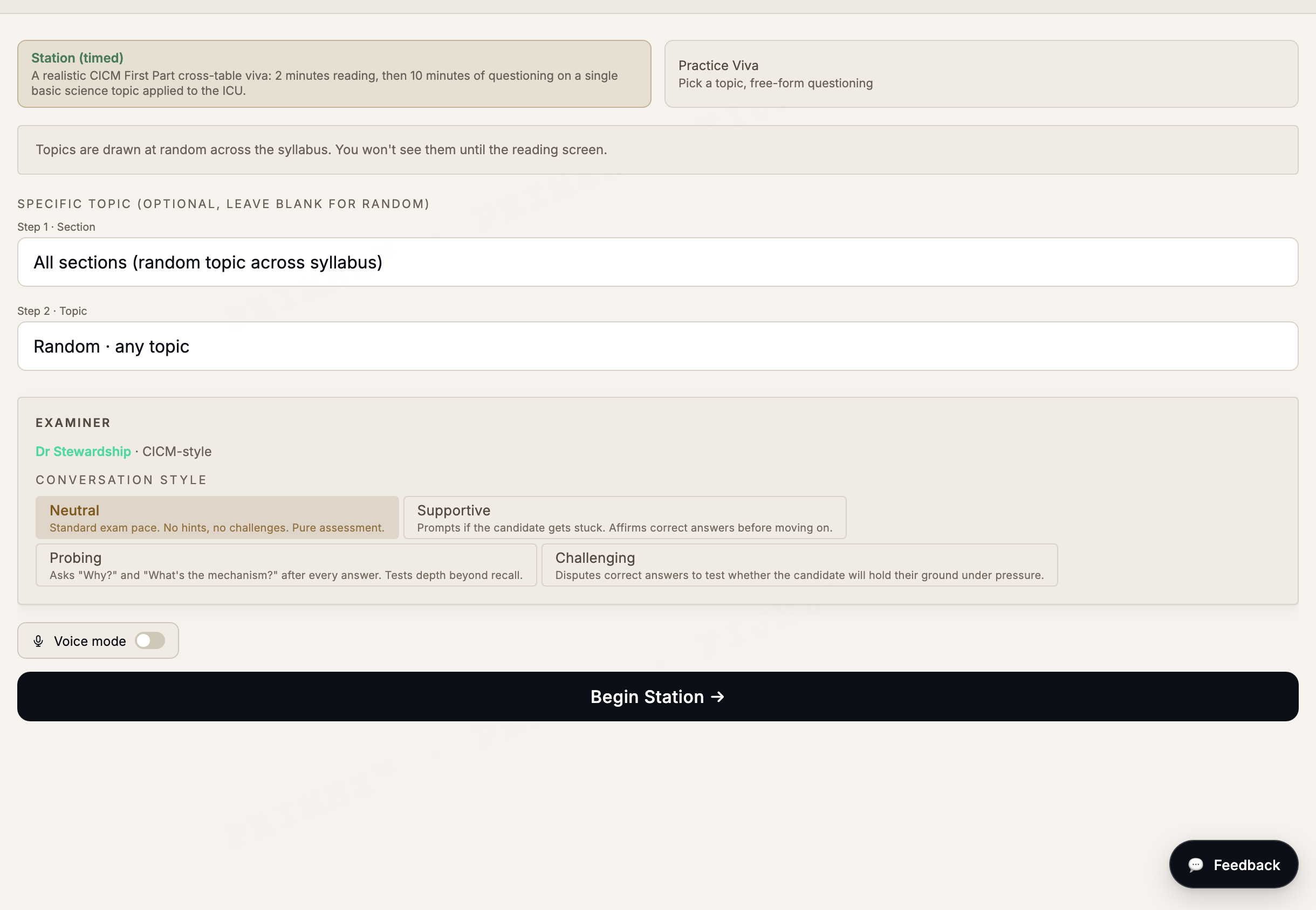 CICM First Part viva simulator: station setup with selectable examiner conversation styles