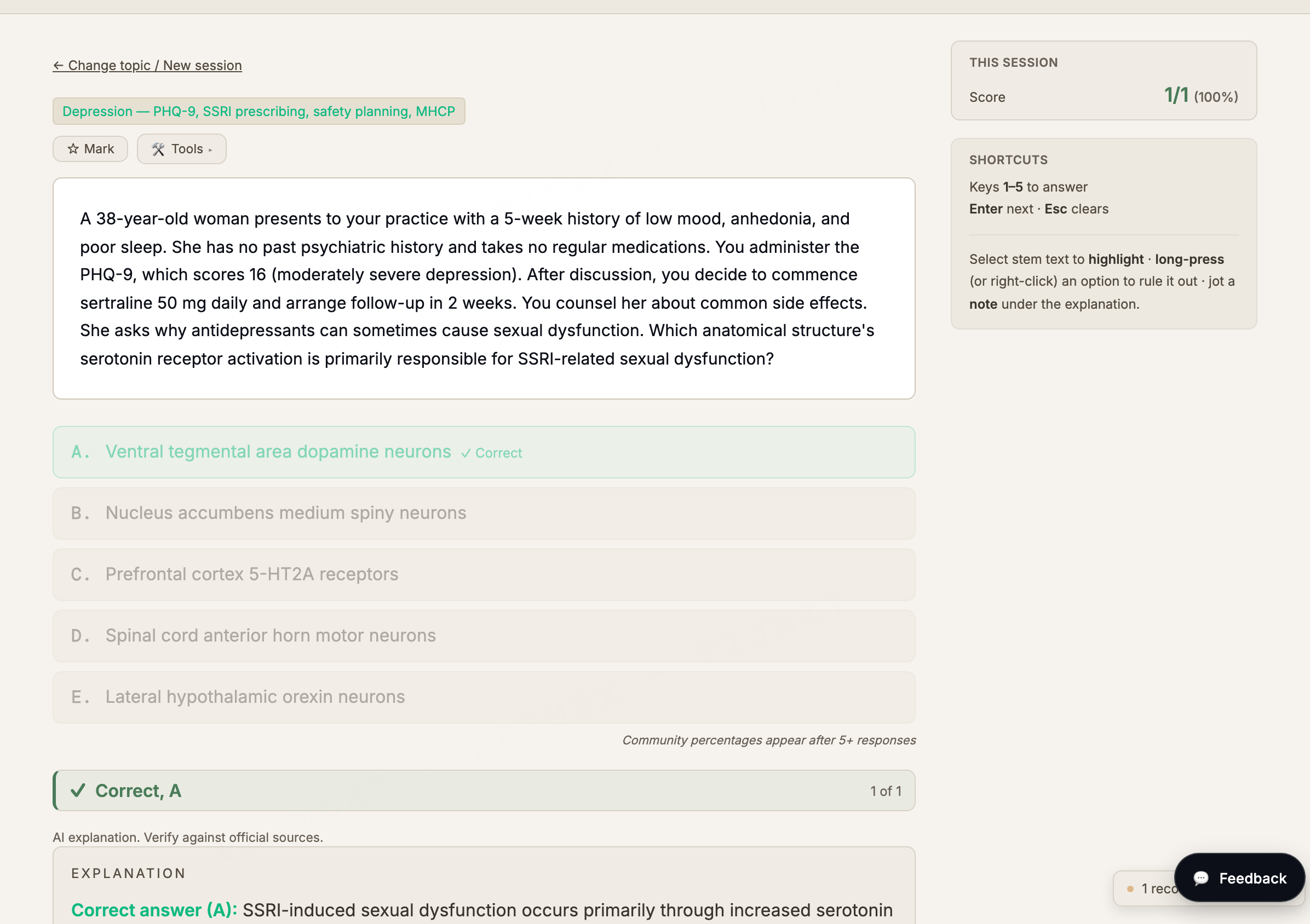 RACGP AKT MCQ practice: a graded single-best-answer question with the correct option marked and a full AI explanation