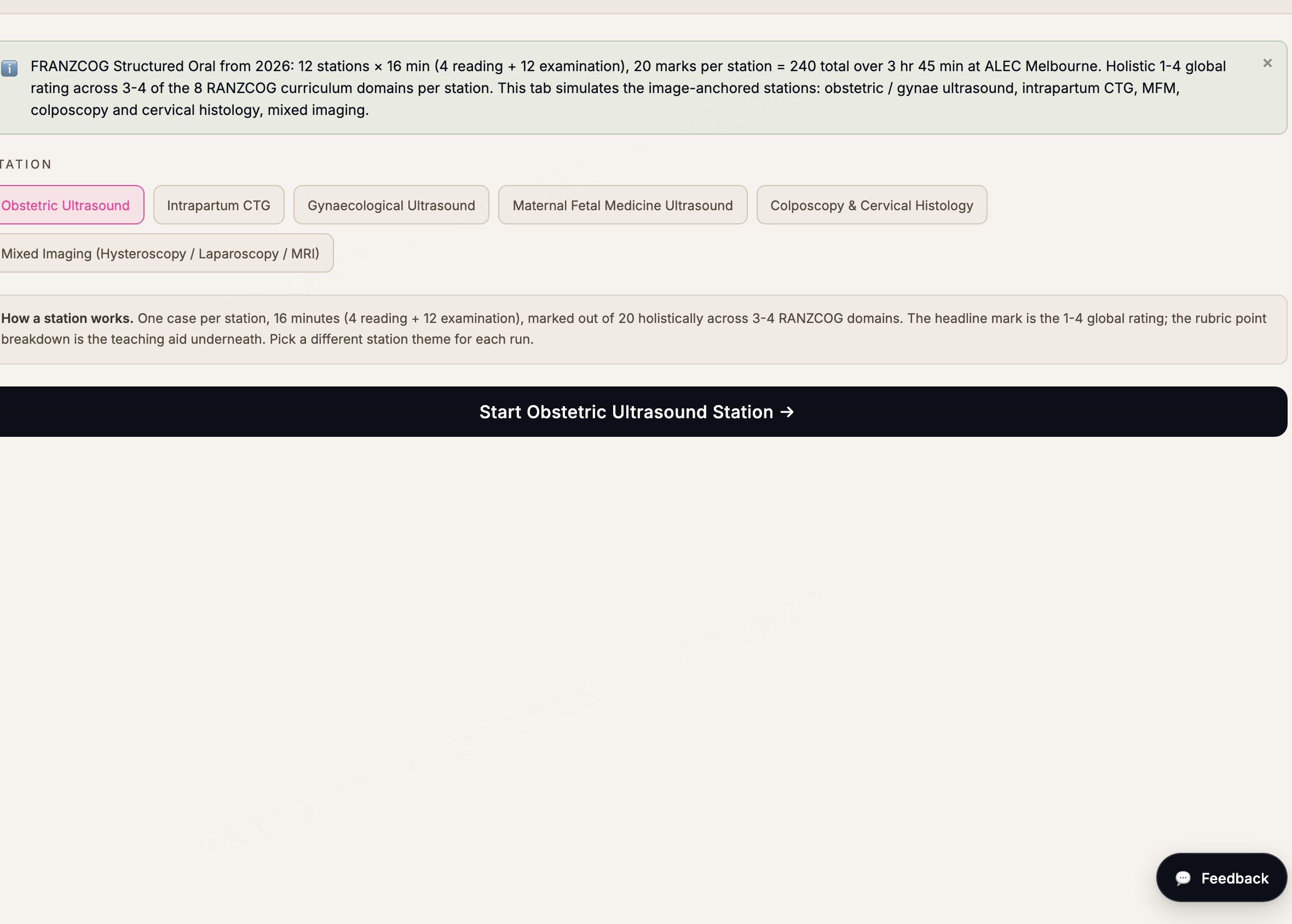 FRANZCOG Structured Oral simulator: station themes with examiner format and voice mode