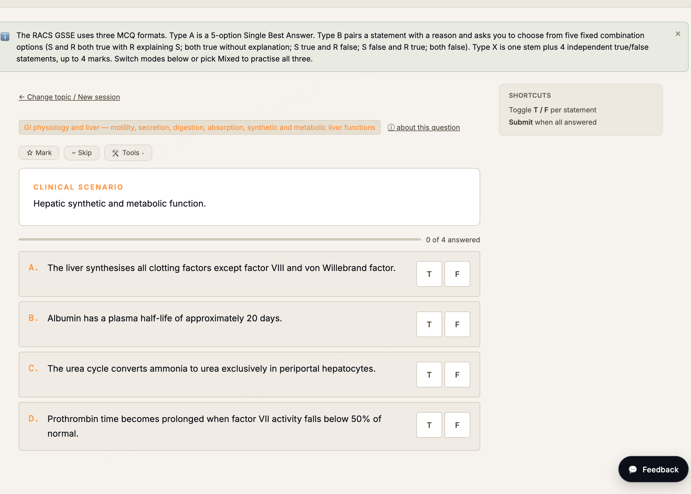 RACS GSSE MCQ practice: a Type X true/false question on hepatic synthetic function with four statements