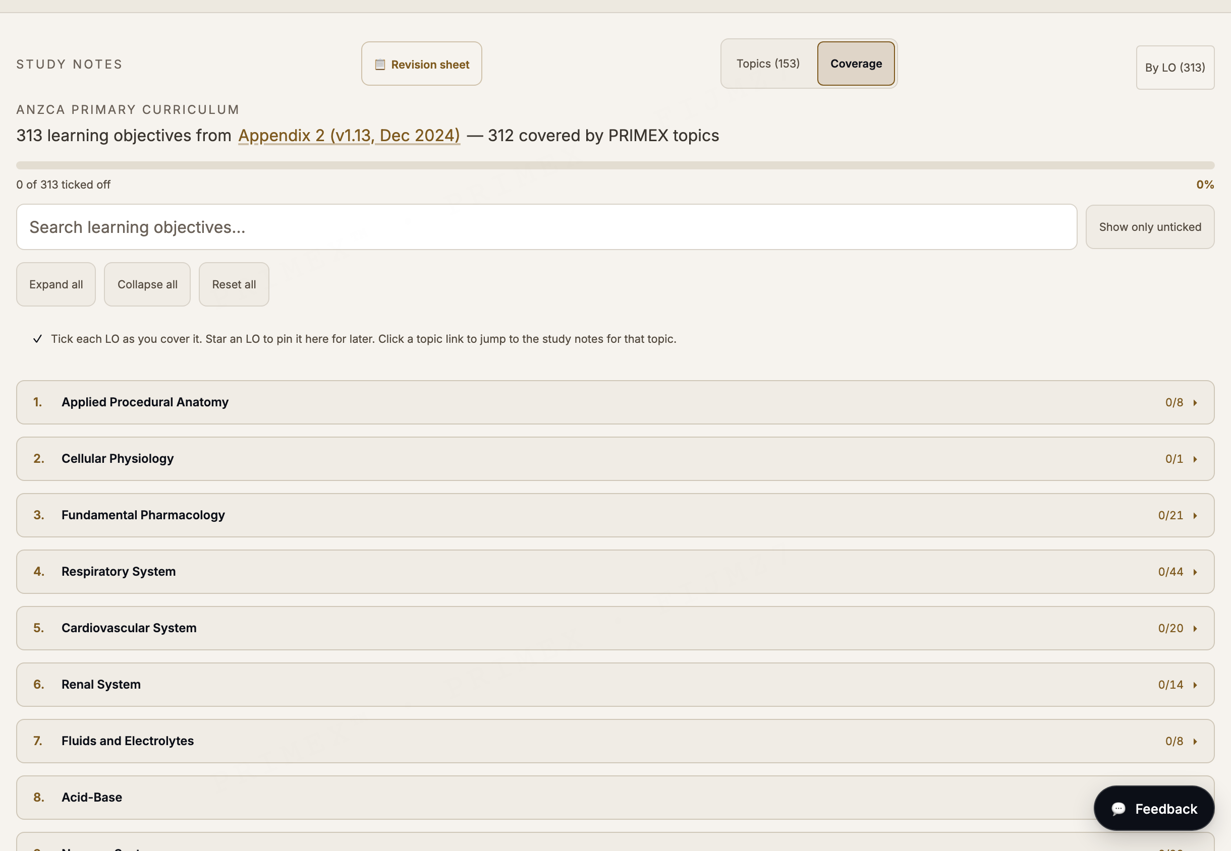 ANZCA Primary curriculum tracker: learning objectives grouped by system with coverage counts