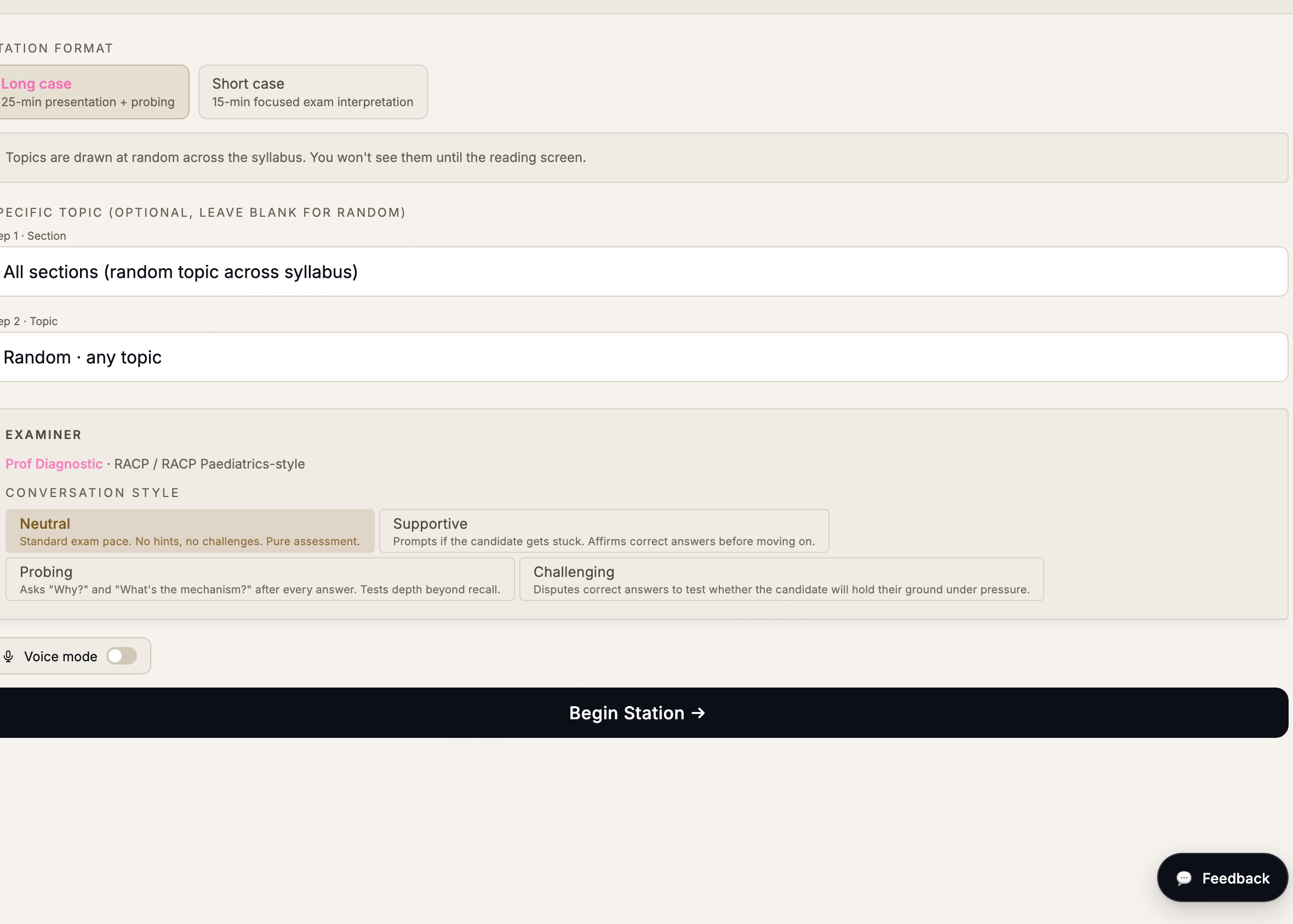 RACP BPT viva simulator: long and short case setup with selectable examiner conversation styles